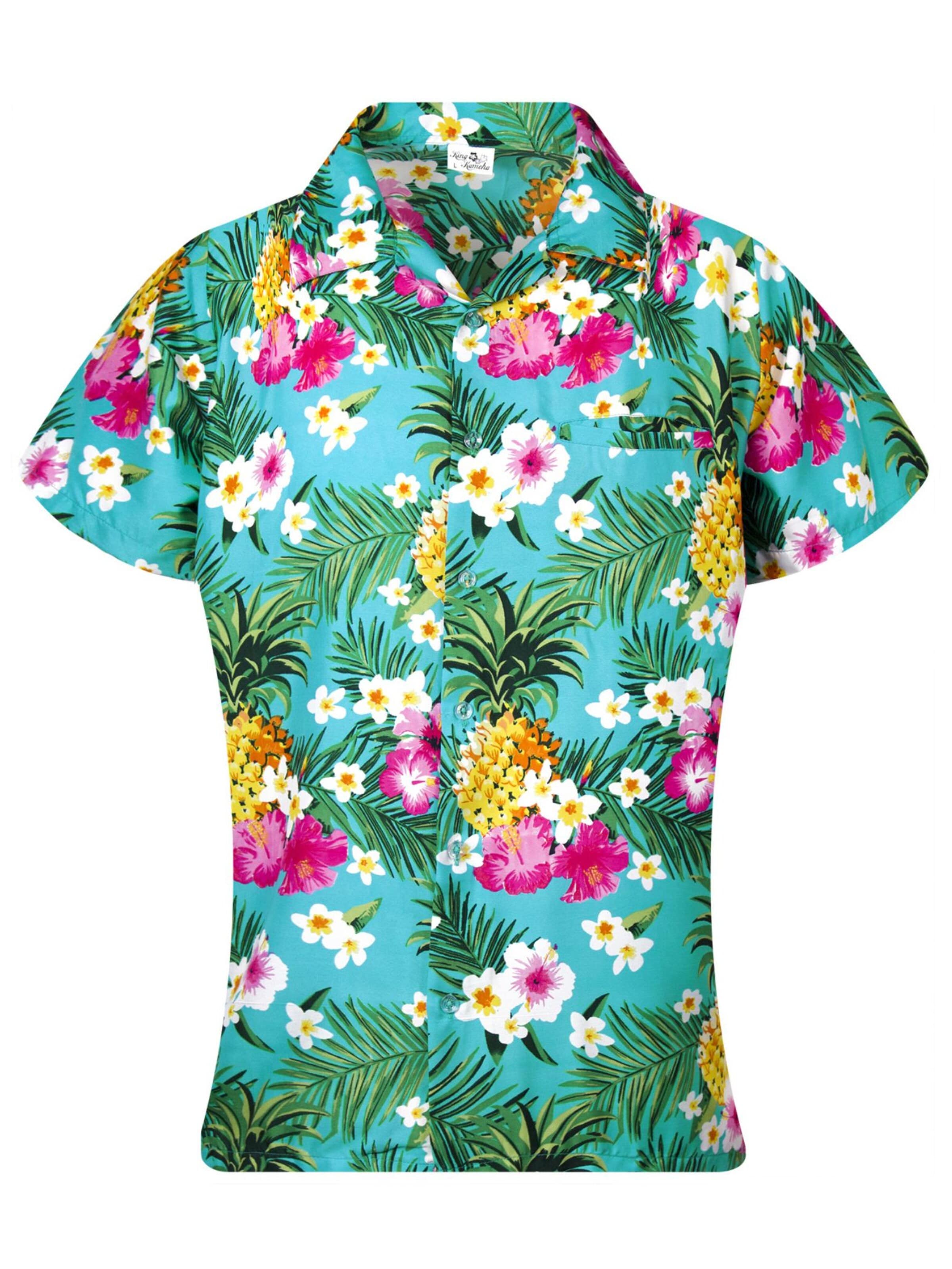 King Kameha Blouse 'Pineapple Flowers' in Blue: front