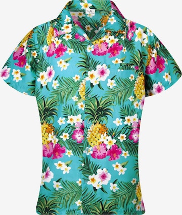King Kameha Blouse 'Pineapple Flowers' in Blue: front
