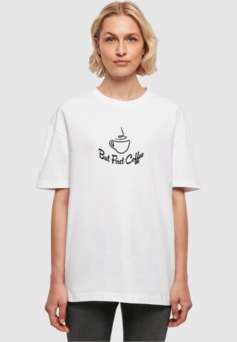Merchcode Oversized Shirt 'But First Coffee' in White: front
