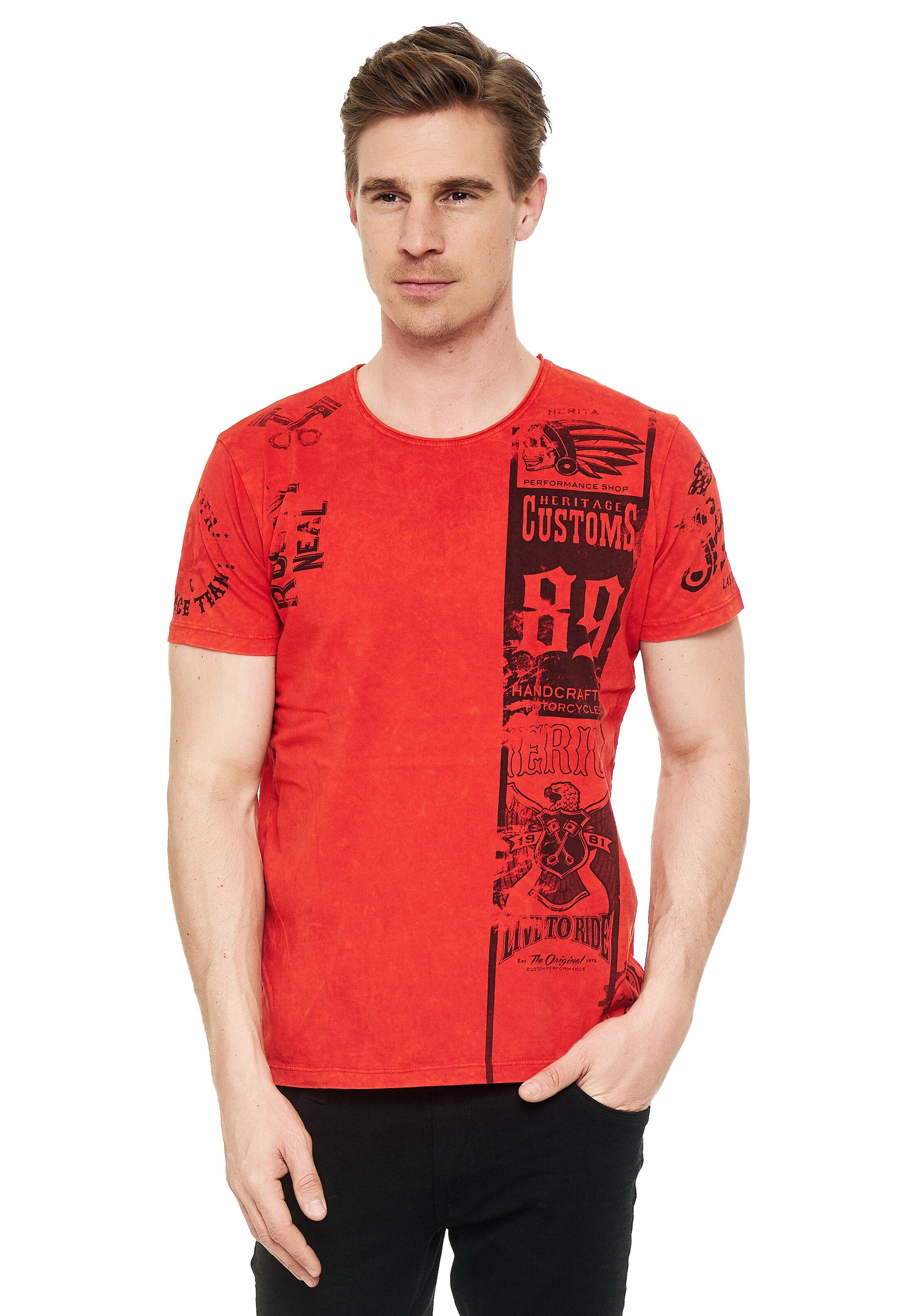 Rusty Neal T-Shirt mit modernem Front & Back Print in Rot: Vorderseite