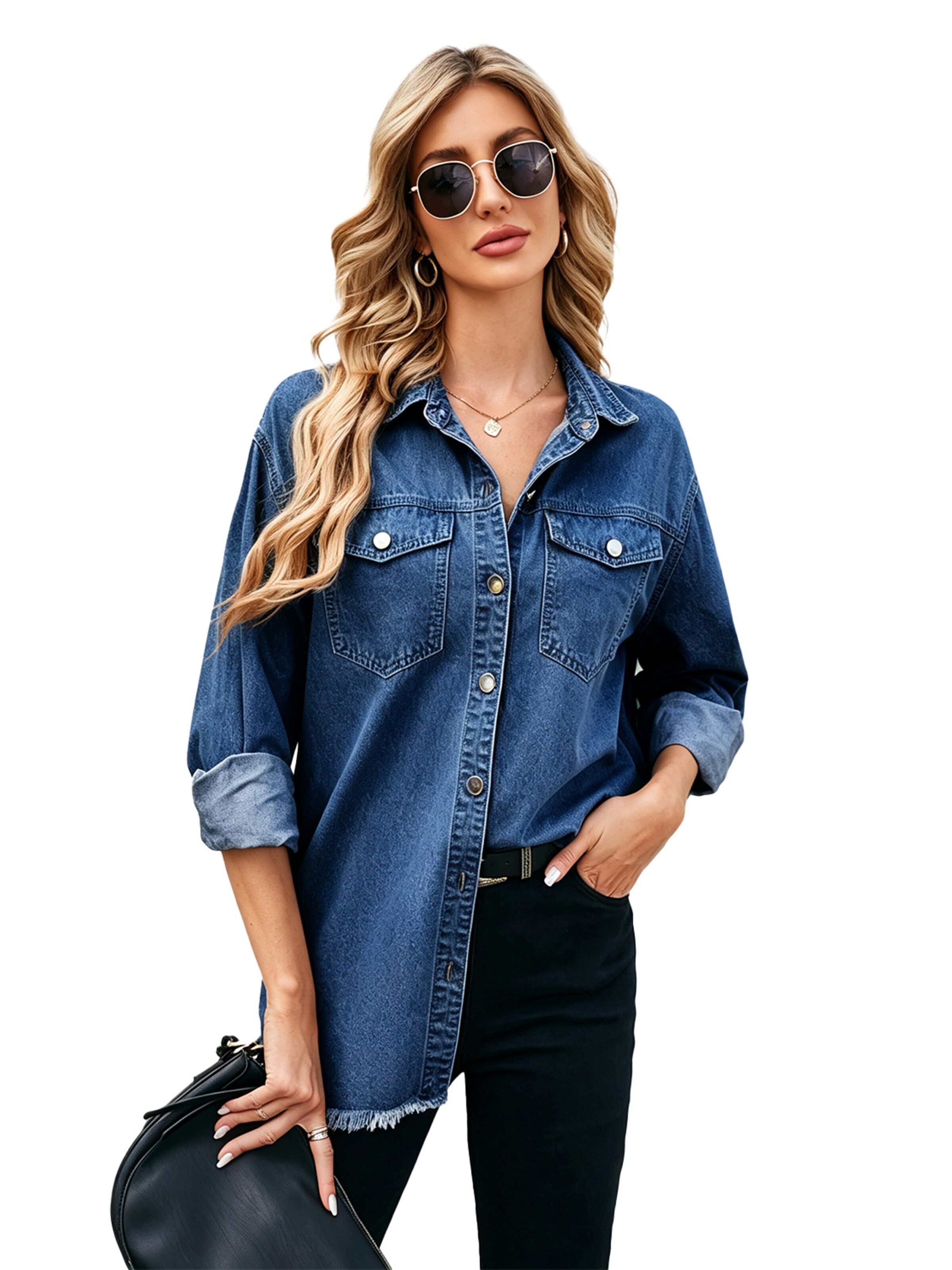 KoJooin Płaszcz letni 'Damen Übergrößen Jeansjacke mit Knopfleiste und Used-Look Trendige Denim Shacket für Herbstoutfits' w kolorze niebieski