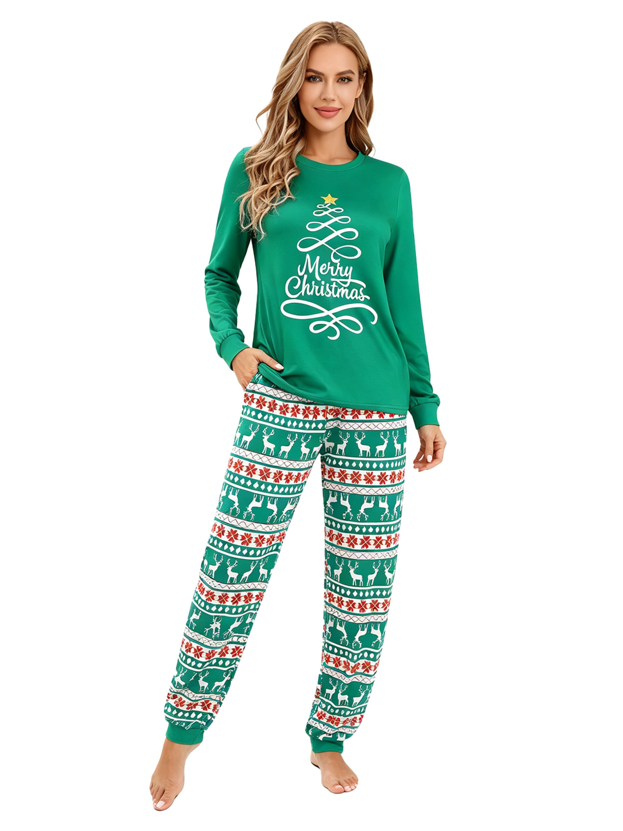 KoJooin Piżama 'Damen Weihnachts-Pyjama-Set Langarm Schlafanzug aus weichem Material mit Jogginghose Komfortable' w kolorze zielony: przód