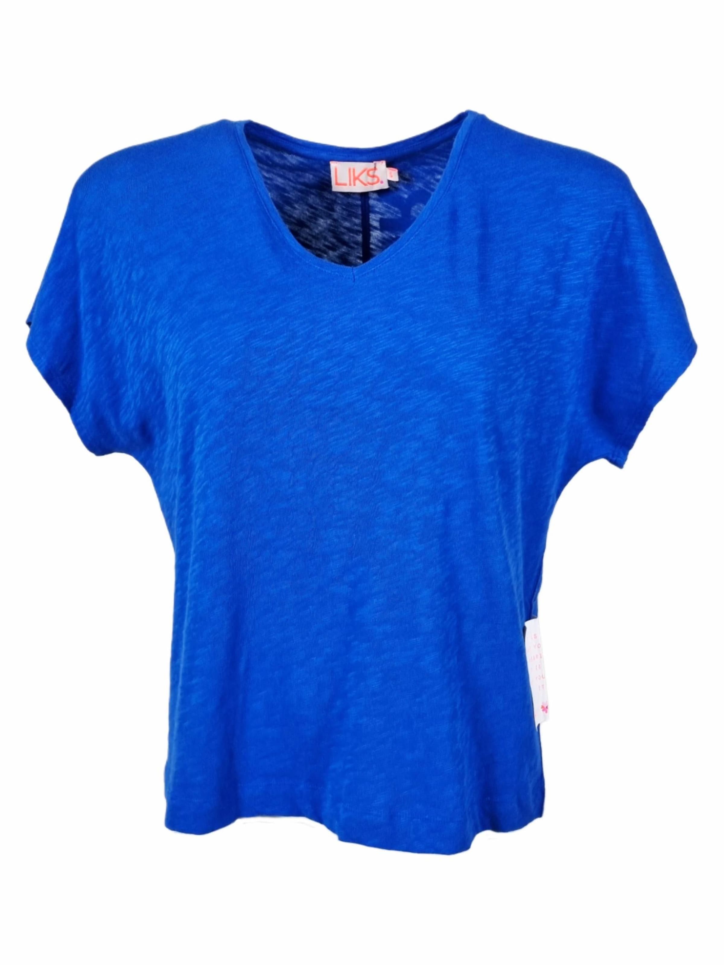 LIKS. Munich Shirt 'Tshirt V-Ausschnitt mit Flockprint' in Blauw: voorkant