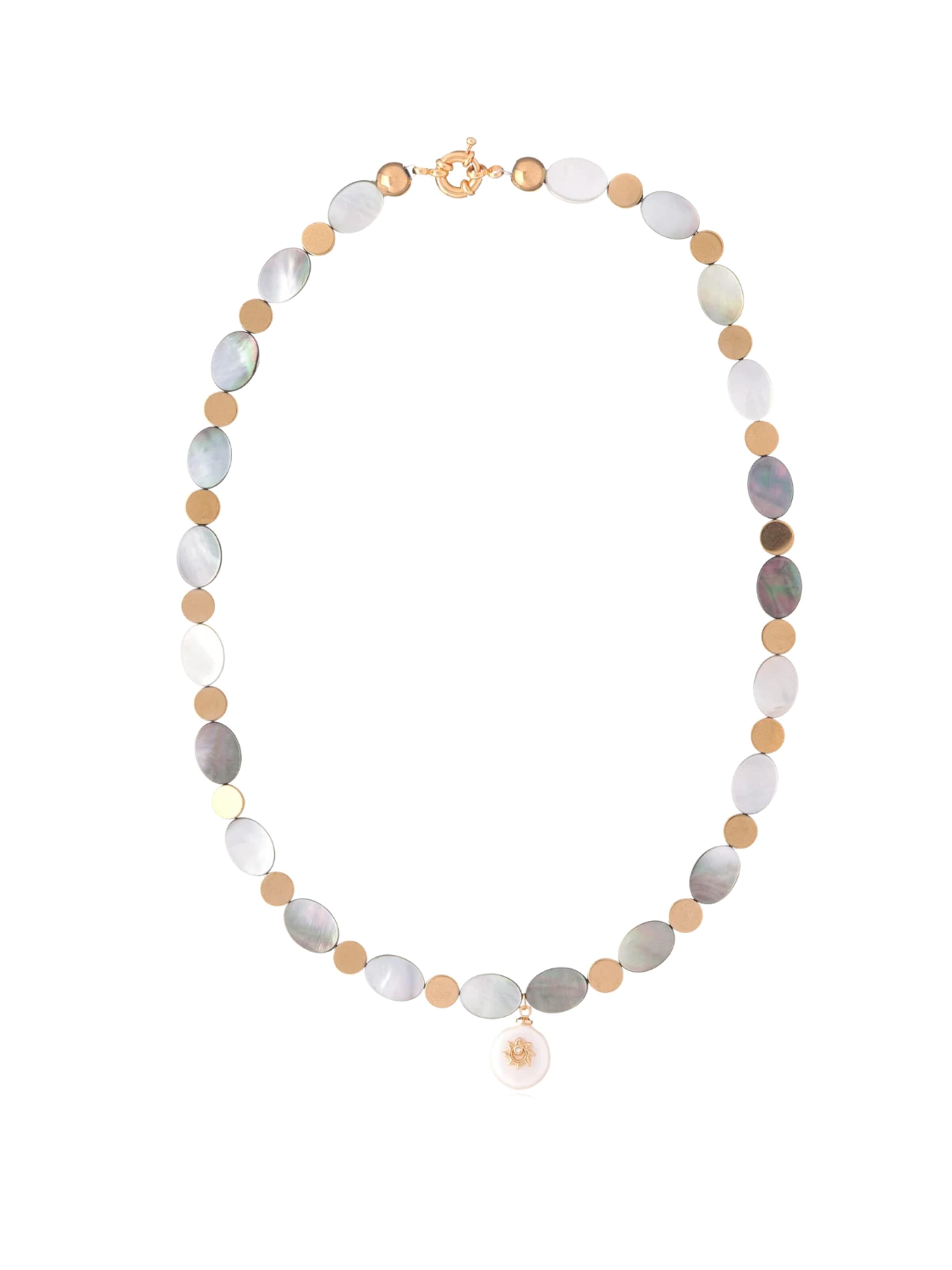 THE GEM STORIES JEWELRY Halsband 'Black Coral Mother Pearl Necklace with Sun Element' i grå: framsida