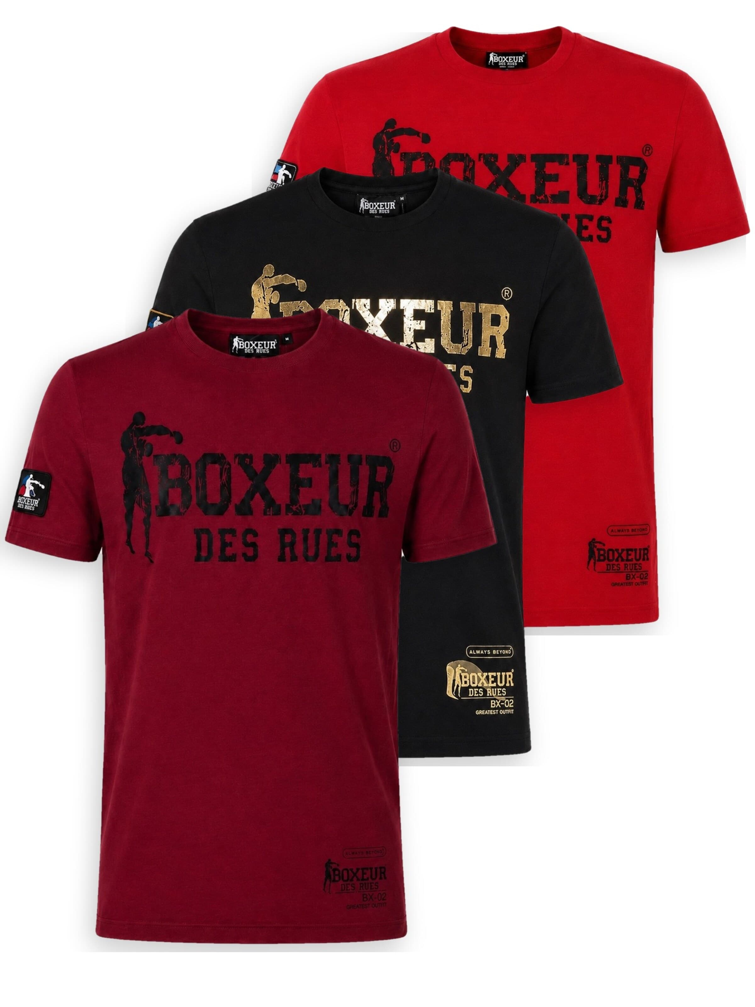 Boxeur des Rues - Camiseta 'Herren T-Shirt 3er-Pack Boxeur des Rues Slim Fit: Bordeaux + Schwarz, Goldenes Logo + Rot, Schwarzes Logo' en Mezcla de colores: frente