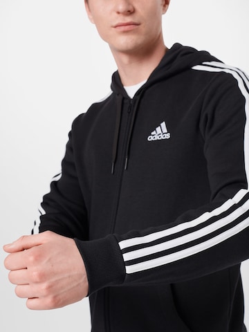 ADIDAS SPORTSWEAR Skinny Athletic Zip-Up Hoodie 'Essentials Fleece 3-Stripes ' in Black