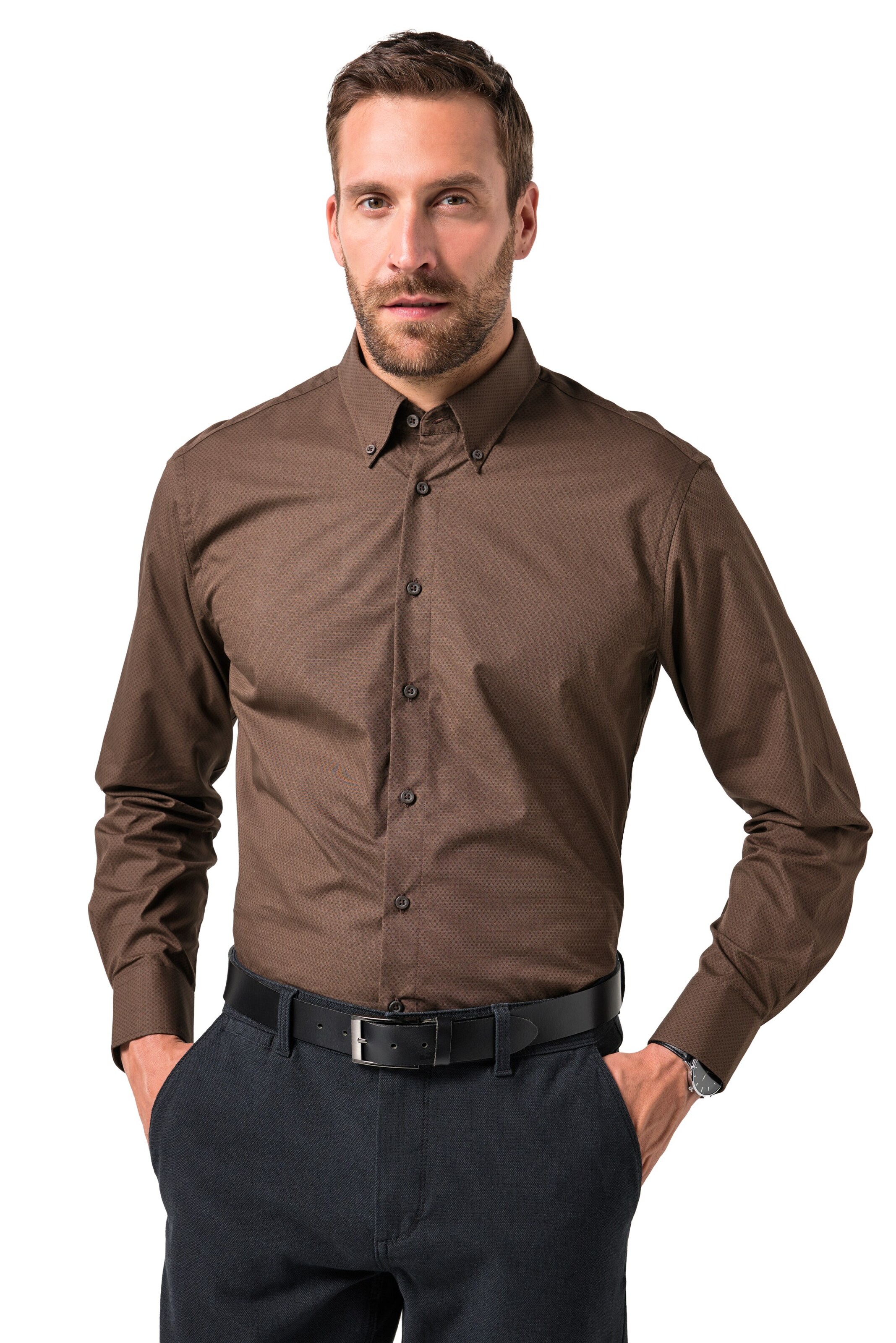 JP1880 Regular fit Overhemd in Bruin: voorkant