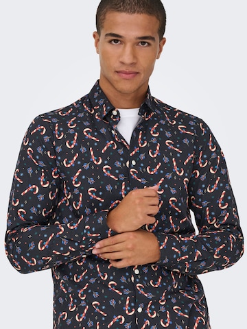 Only & Sons Slim fit Overhemd 'ONSElf Xmas' in Zwart