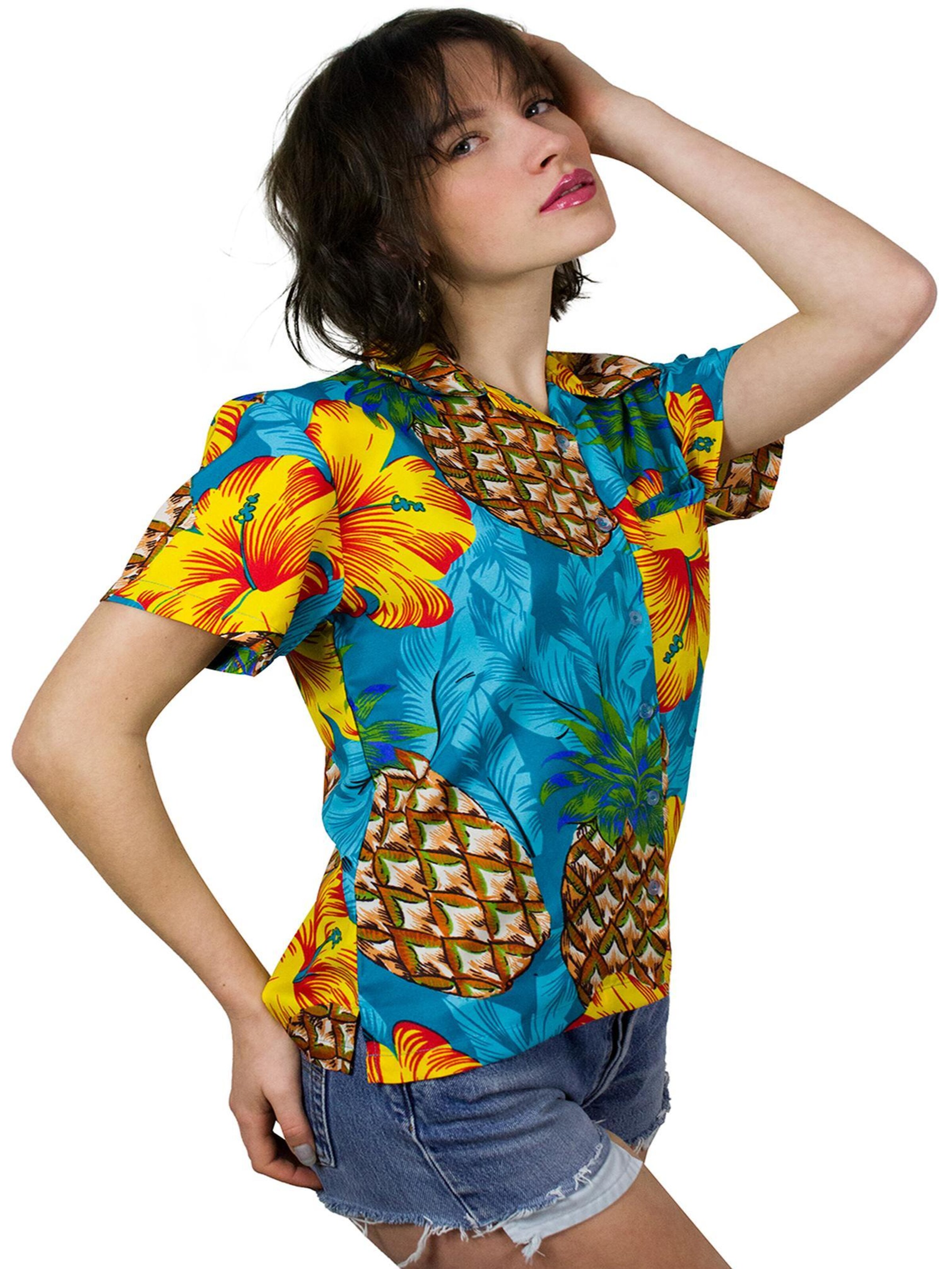 King Kameha Bluse 'Pineapple Hibiscus'‌‌‌‌‌‌‌ in Blau