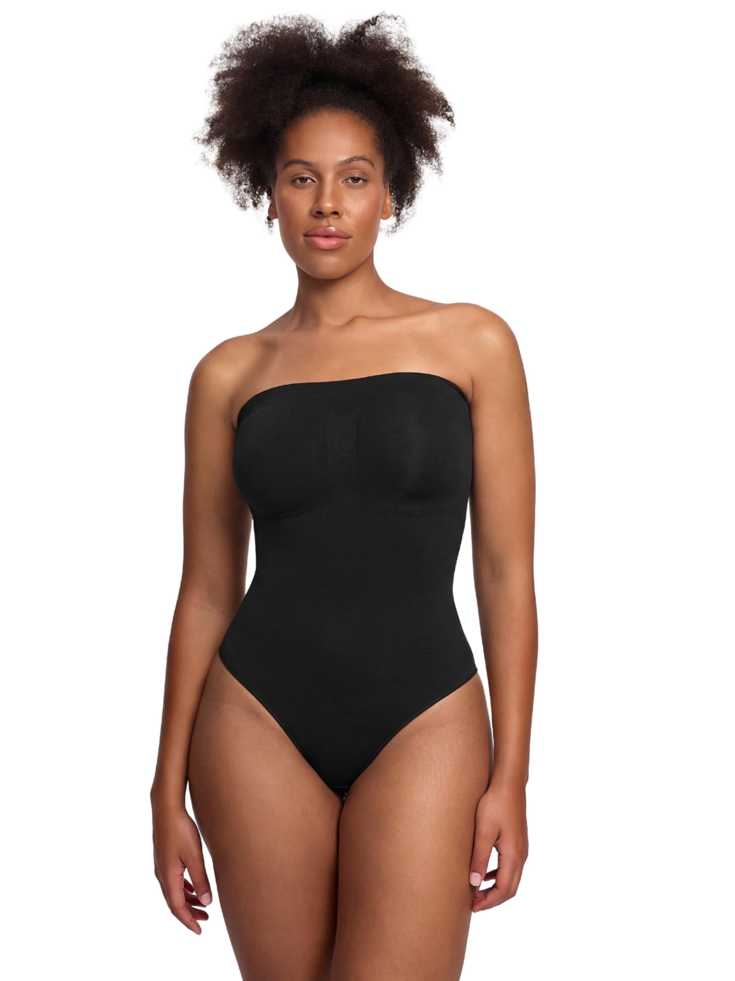 cfab (formerly creamy fabrics) - Body moldeador 'Trägerloser Bodysuit Sculpting Shapewear mit String' en negro: frente
