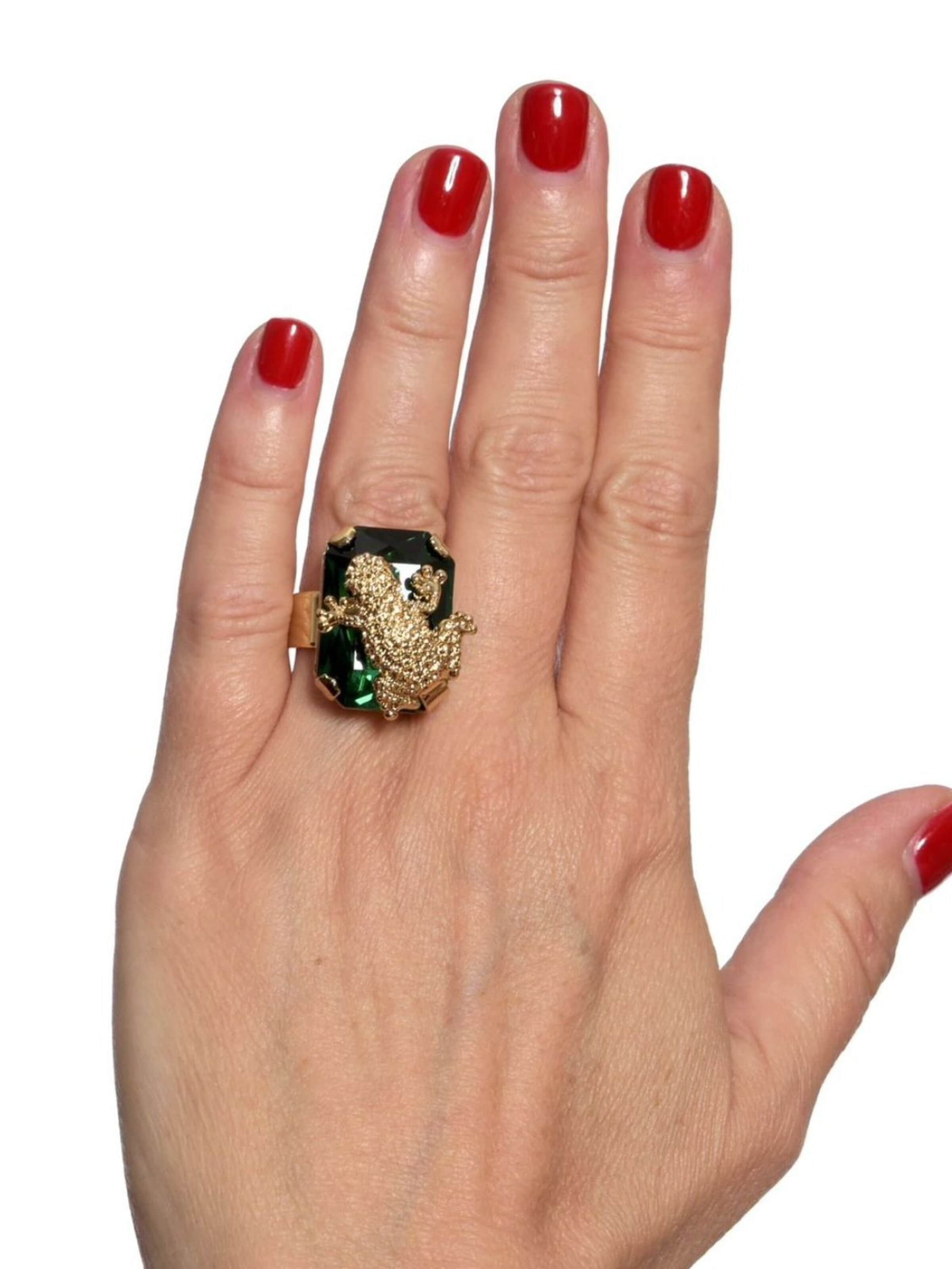 Anello 'Celeste anello con cristallo smeraldo Swarovski & motivo rana' in 50-60 Addicted2 di colore oro / verde scuro, Visualizzazione prodotti