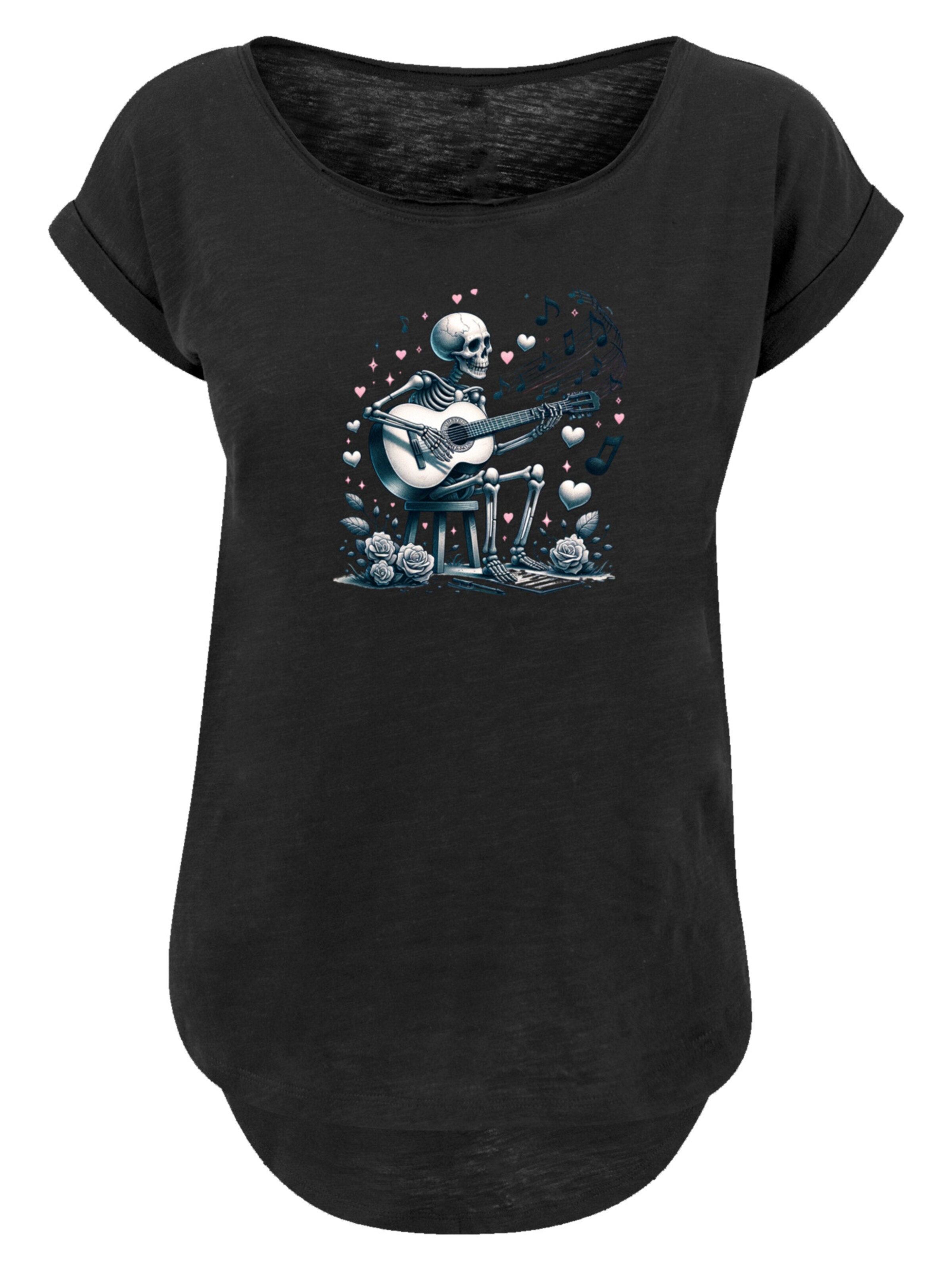 F4NT4STIC Shirt 'Skelett spielt Gitarre, Musik, Liebe' in Zwart: voorkant