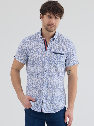 7Camicie Slim fit Zakelijk overhemd 'Iconic Linen Man Shirt Short Sleeve White Blue' in Wit