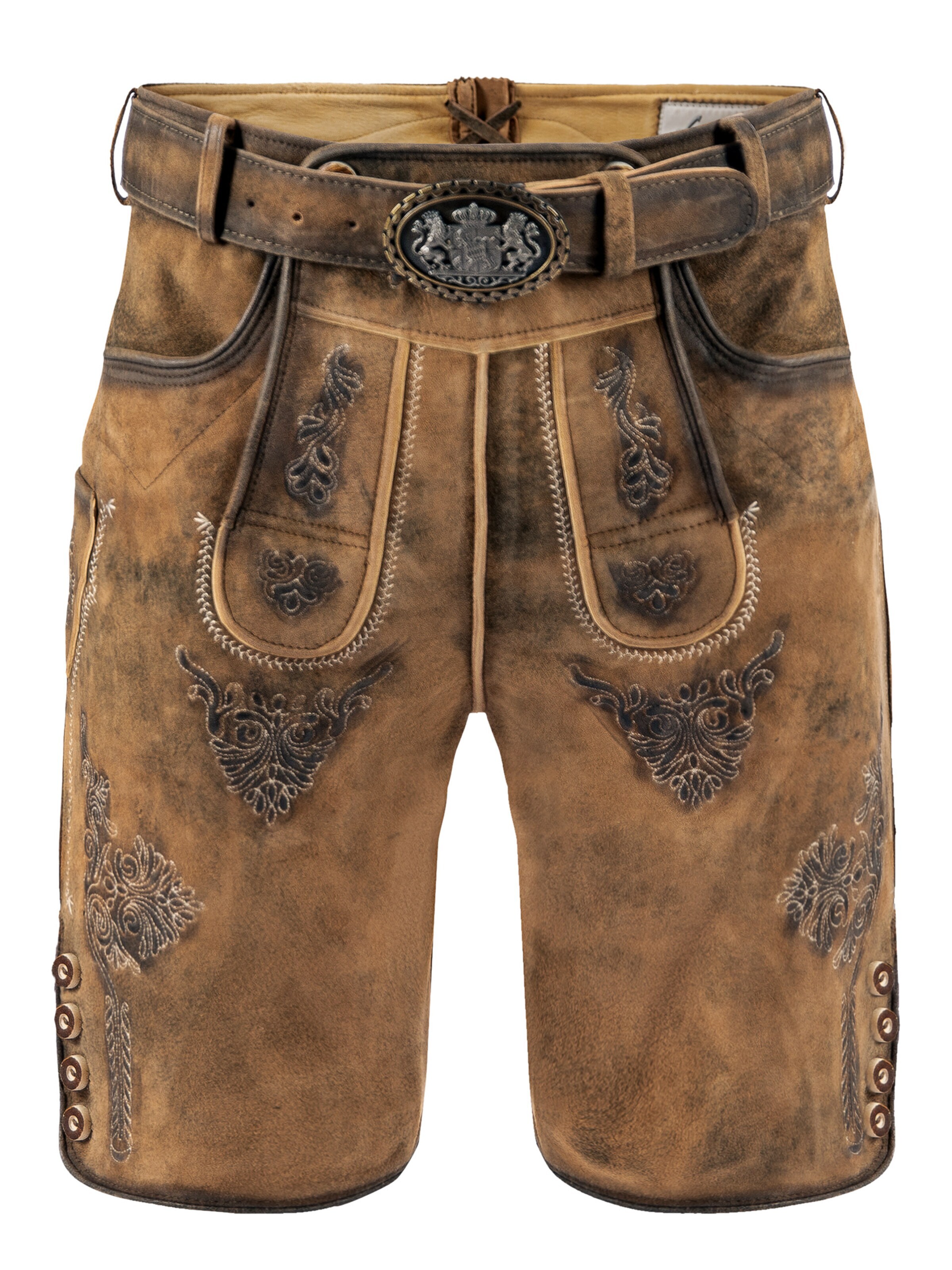 Fuchs Trachtenmoden Skinny Traditional Pants 'Trachtenlederhose Herren kurz Hellbraun Antik Echtleder' in Brown: front