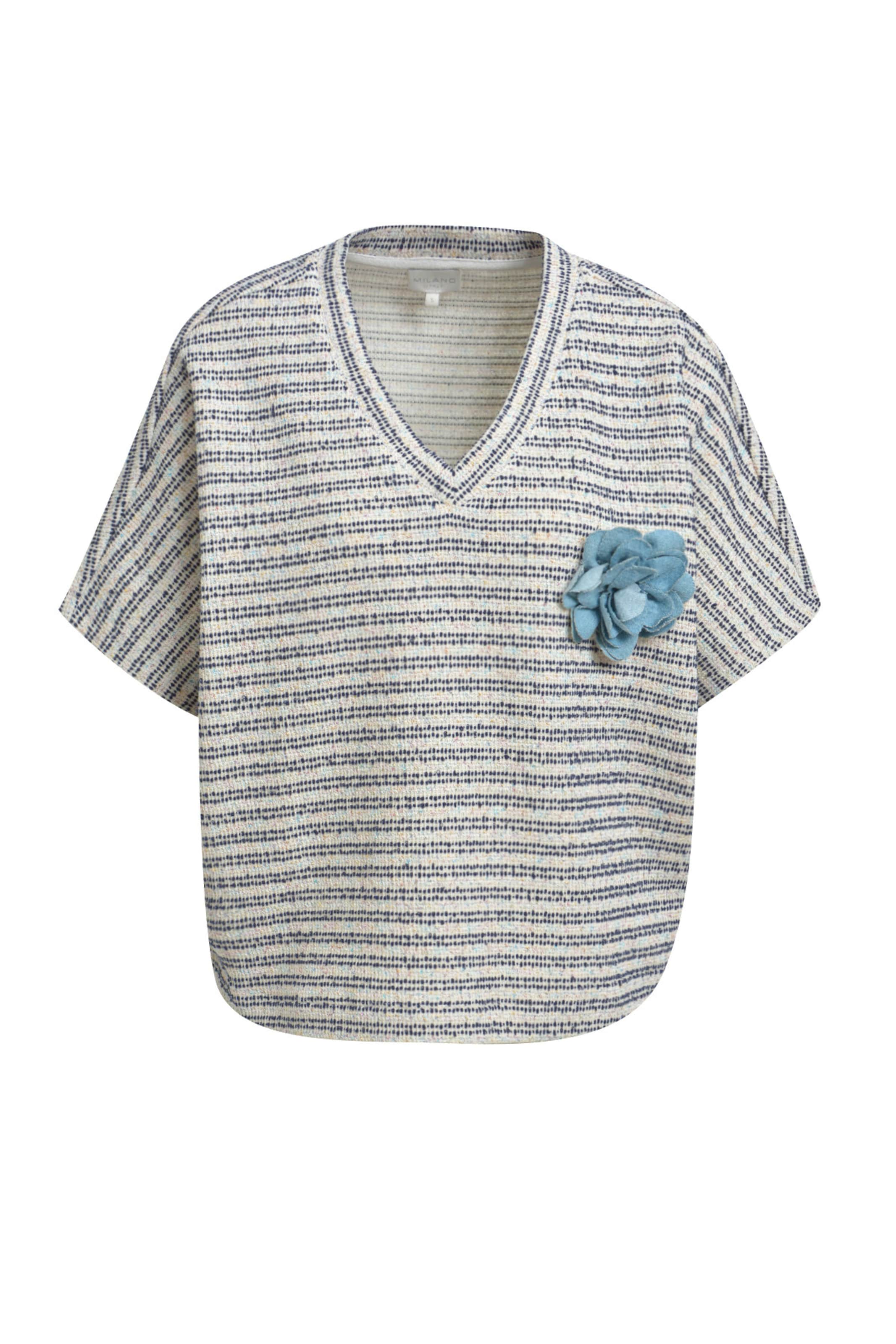 Milano Italy Strukturiertes Kurzarm-Sweatshirt mit Denim-Rosette in Weiß: Vorderseite