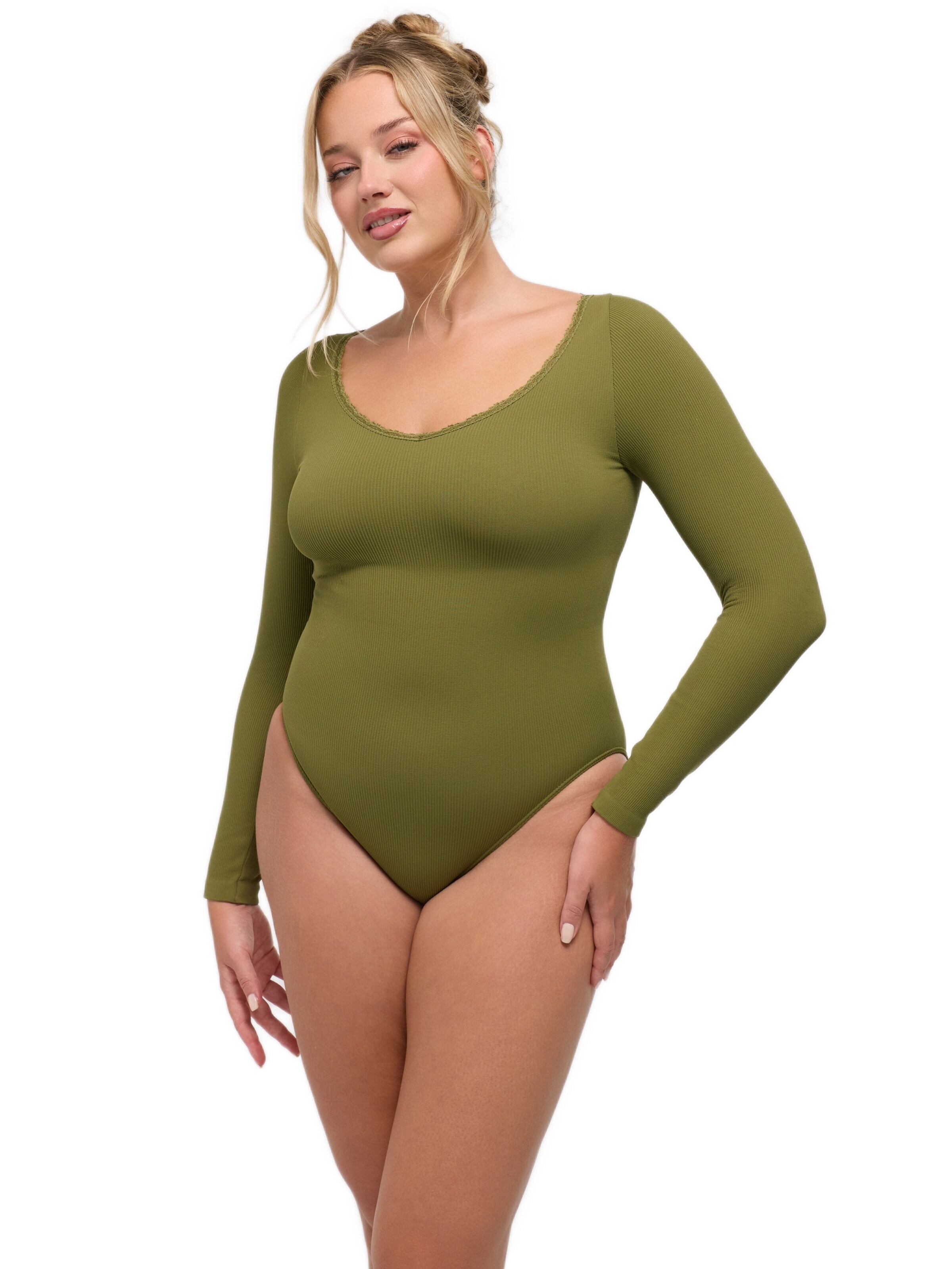 cfab Body 'Ribbed Longsleeve V-Neck Sculpting Lace Bodysuit with Slip' värissä vihreä