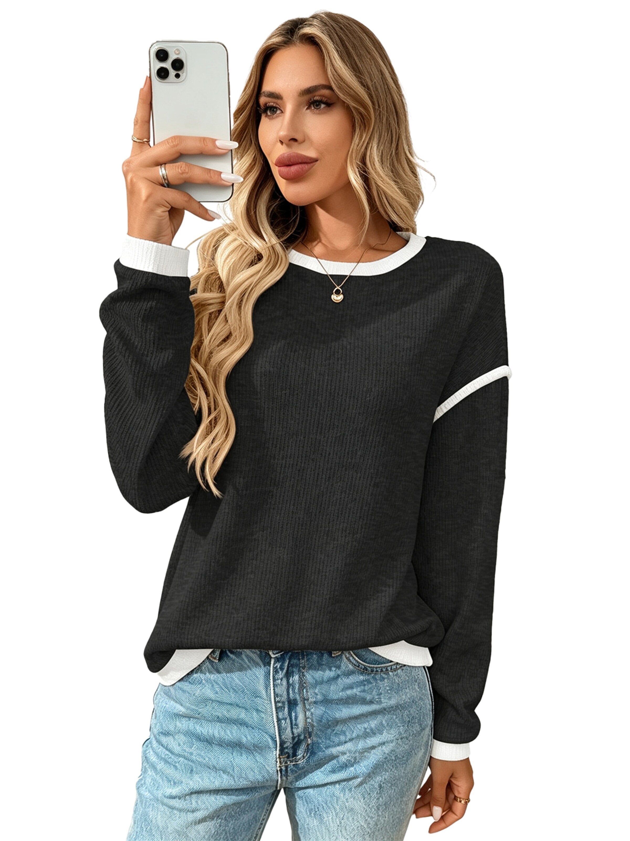 KoJooin Sweater 'Damen Rundhals Pullover mit Farbblock-Design Lässig Geschnittenes Langarmshirt für Alltag' in Black