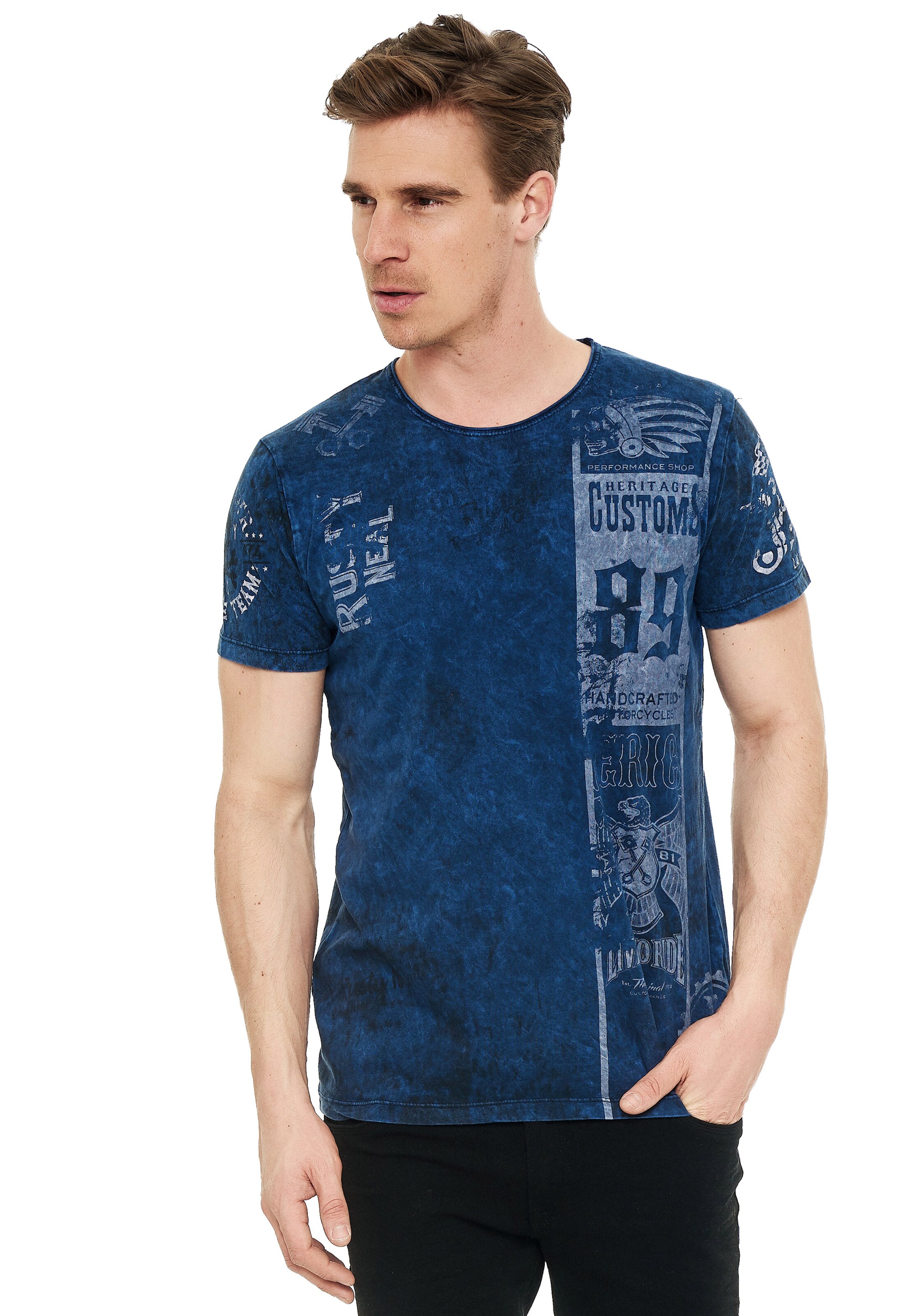 Rusty Neal T-Shirt mit modernem Front & Back Print in Blau: Vorderseite