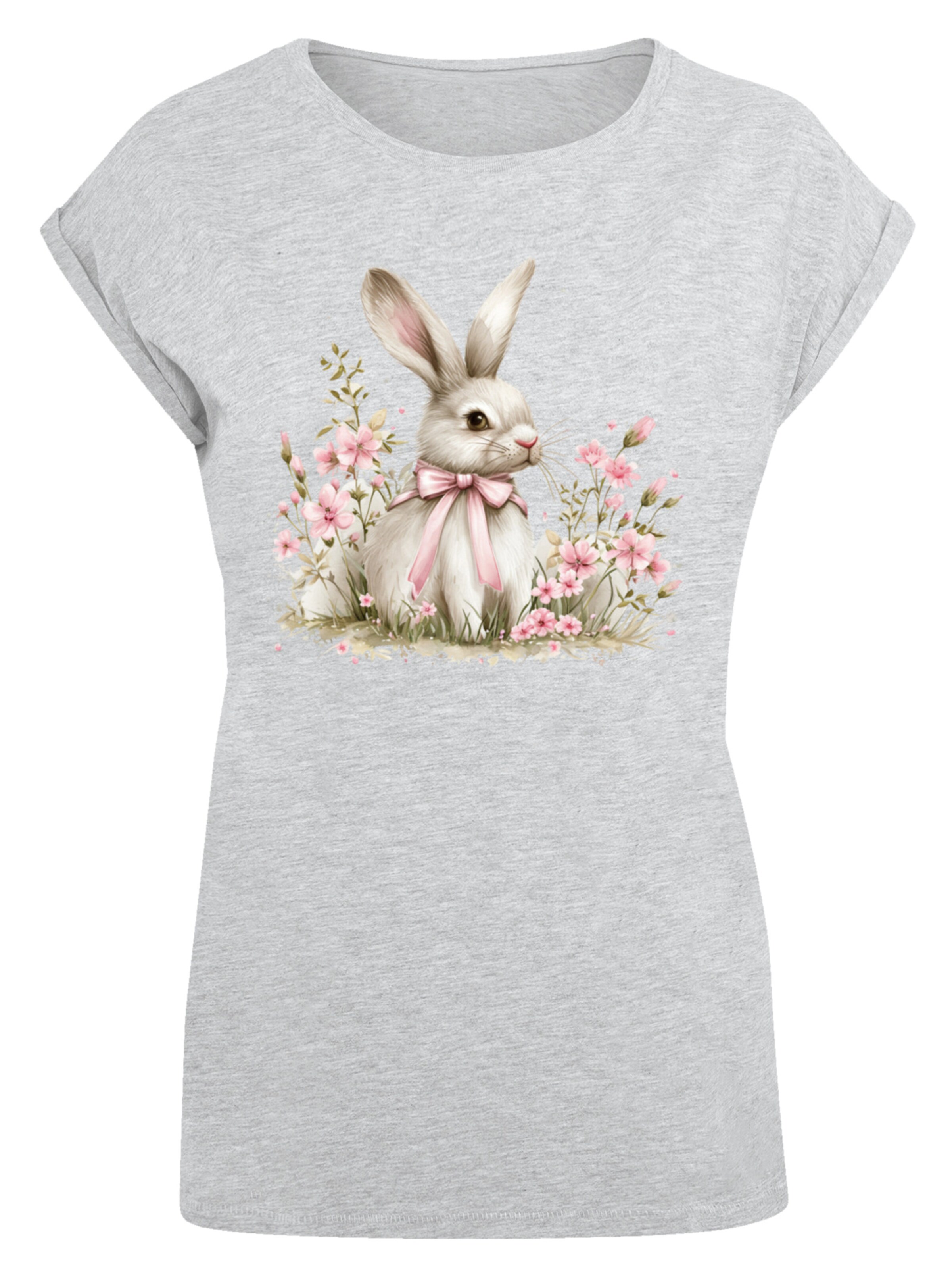 F4NT4STIC Shirt 'Niedlicher Osterhase mit Blumen' in Grijs: voorkant
