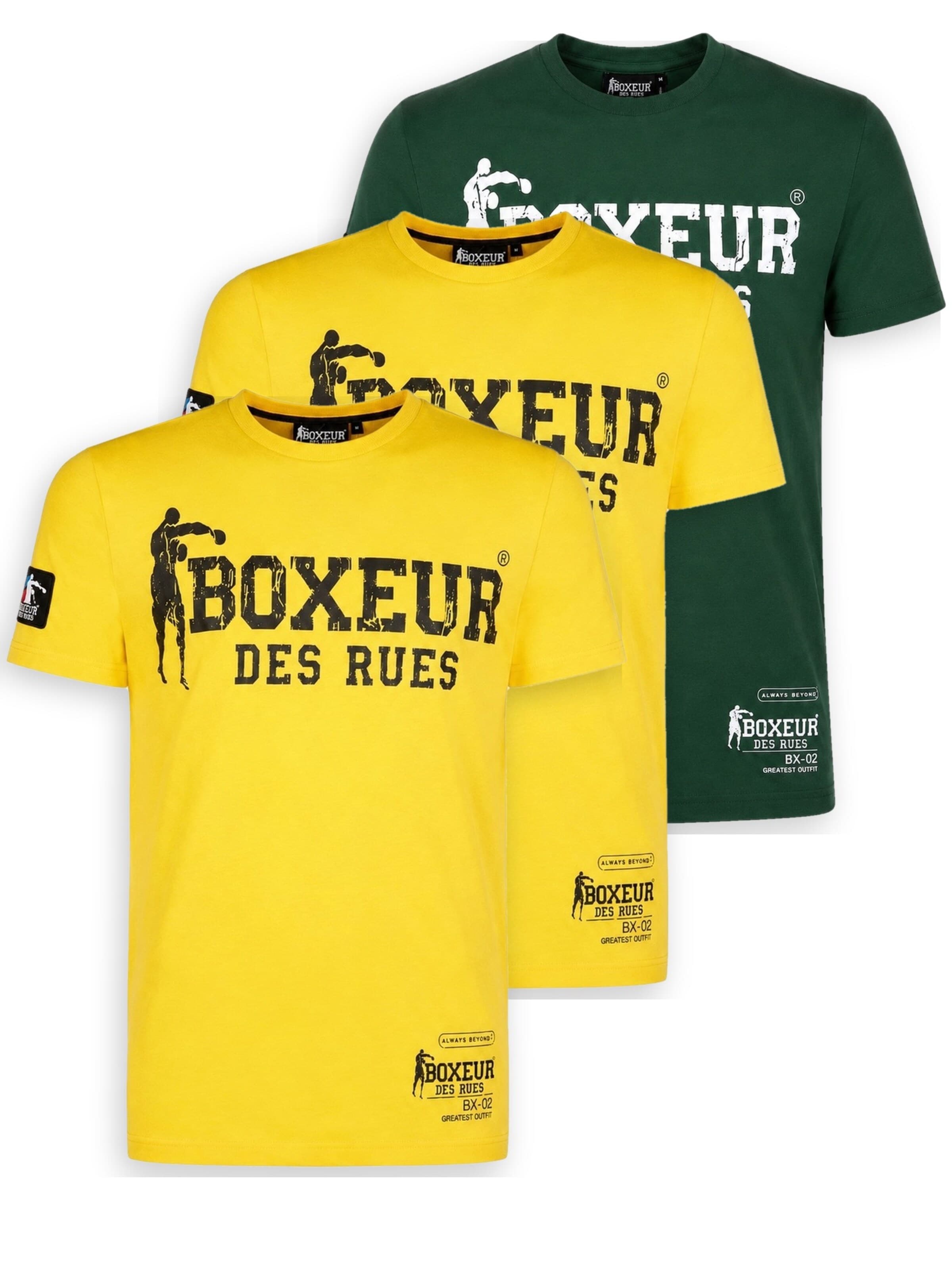 Boxeur des Rues Shirt 'Herren T-Shirt 3er-Pack Boxeur des Rues Slim Fit: 2 x Gelb, Schwarzes Logo + Dunkelgrün, Weißes Logo'‌‌‌‌‌‌ in S/Regular in mischfarben, Produktansicht
