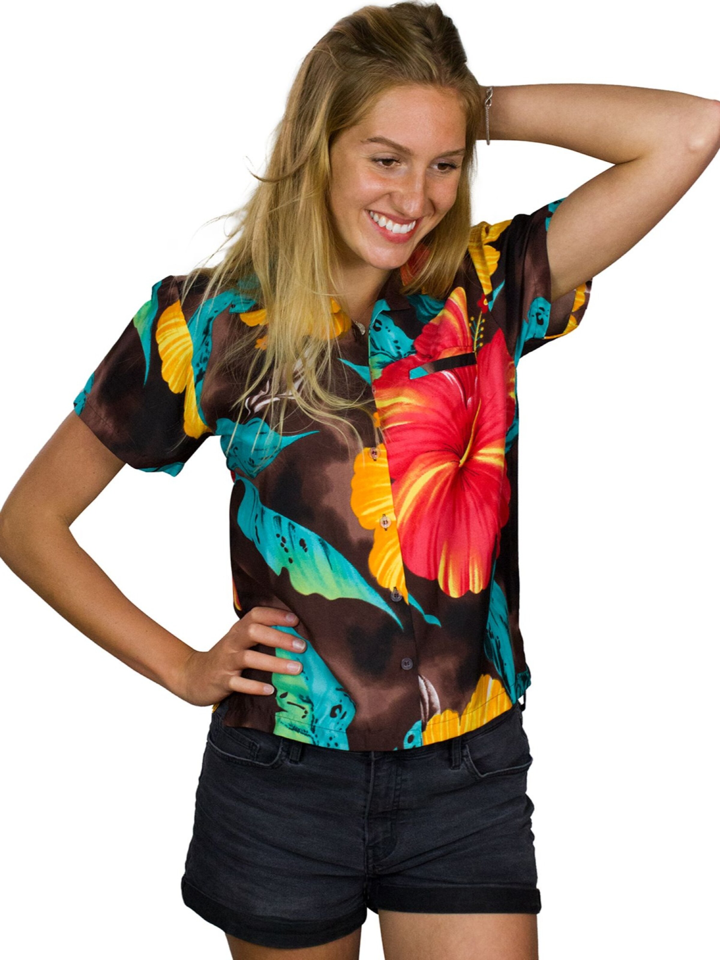 King Kameha Blouse 'Big Flower' in Brown