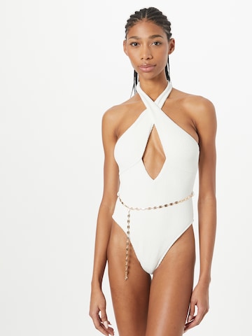 River Island High neck Swimsuit in Beige: front