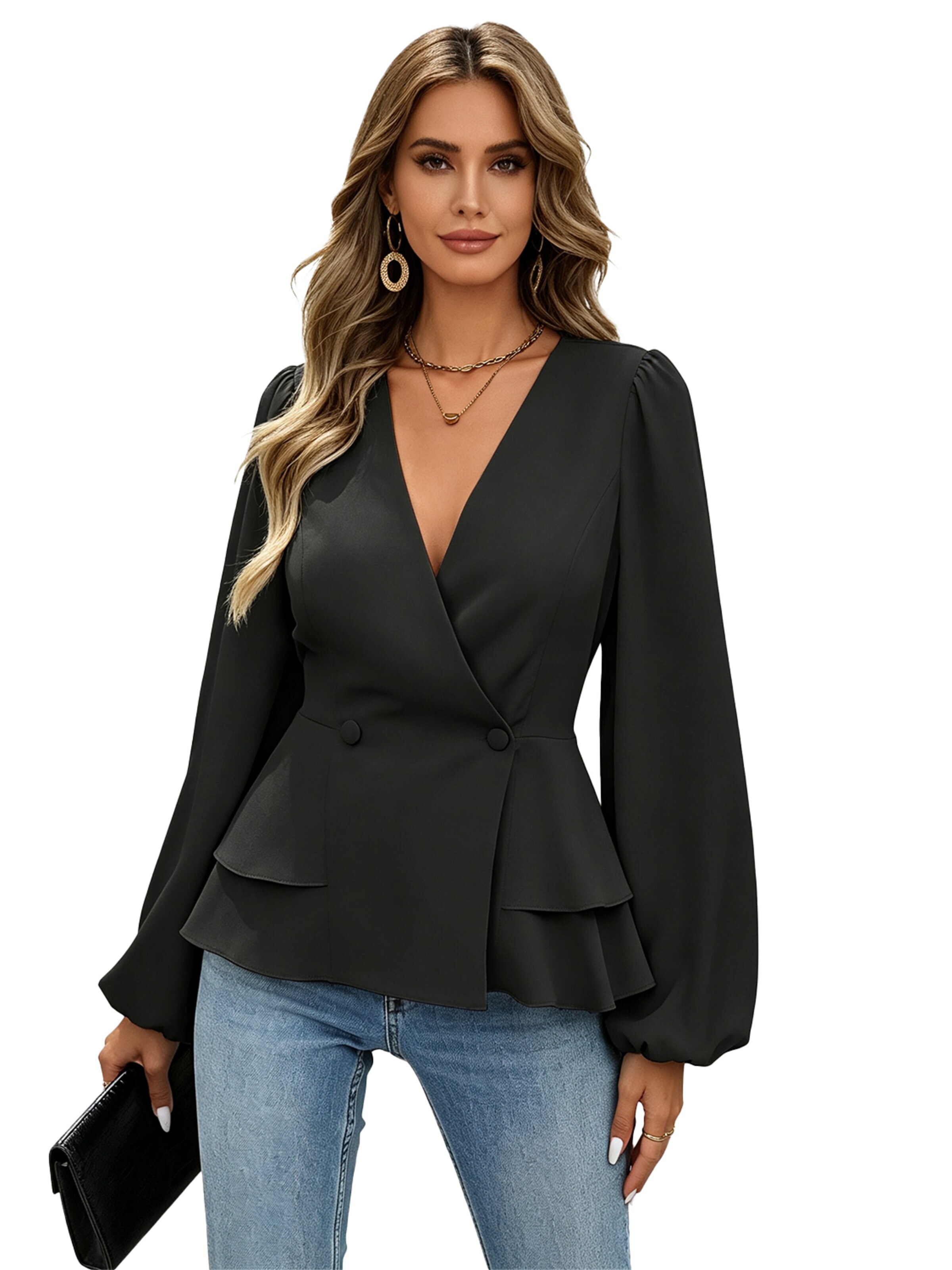 KoJooin Blouse 'Damen Wickelkleid mit V-Ausschnitt, Peplum und Puffärmeln – Elegante Bluse mit Knopfleiste für Büro' in Black: front
