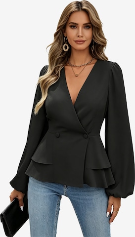 KoJooin Blouse 'Damen Wickelkleid mit V-Ausschnitt, Peplum und Puffärmeln – Elegante Bluse mit Knopfleiste für Büro' in Black: front