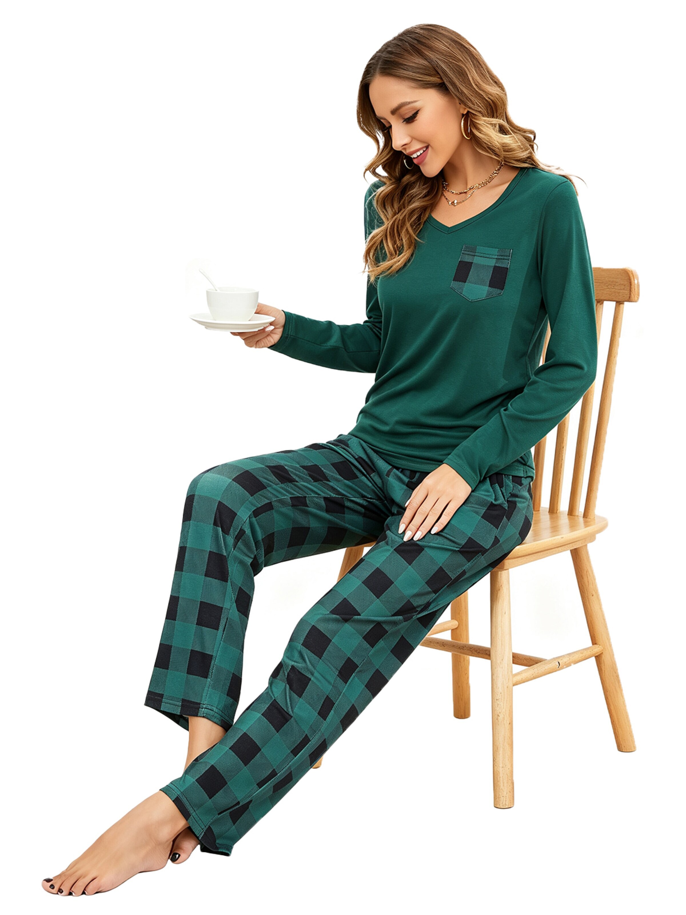 KoJooin Piżama 'Damen Weihnachts-Pyjama-Set im Karierten Design Klassische,Langärmelige Loungewear für Familiäre' w kolorze zielony