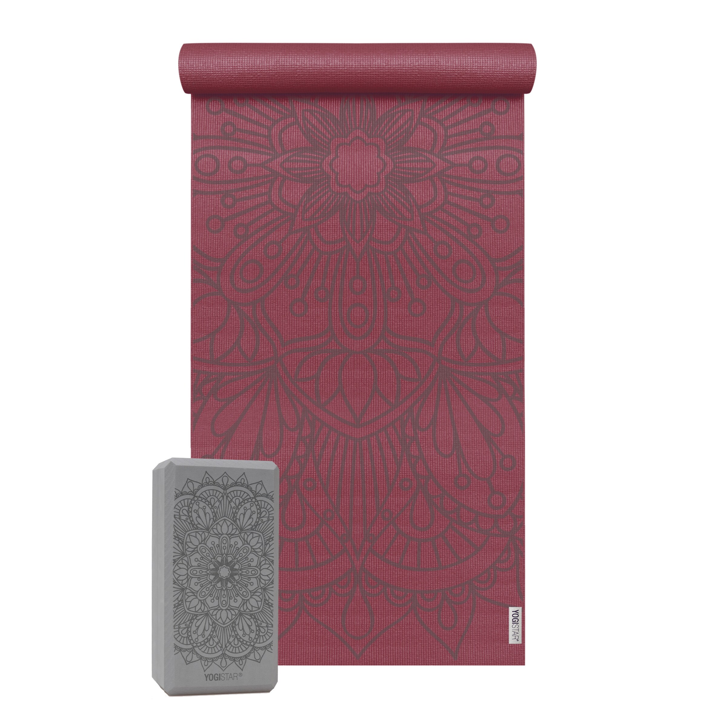 YOGISTAR.COM Yogamatte + 1 Yogablock 'Lotus Mandala' in Rot: Vorderseite