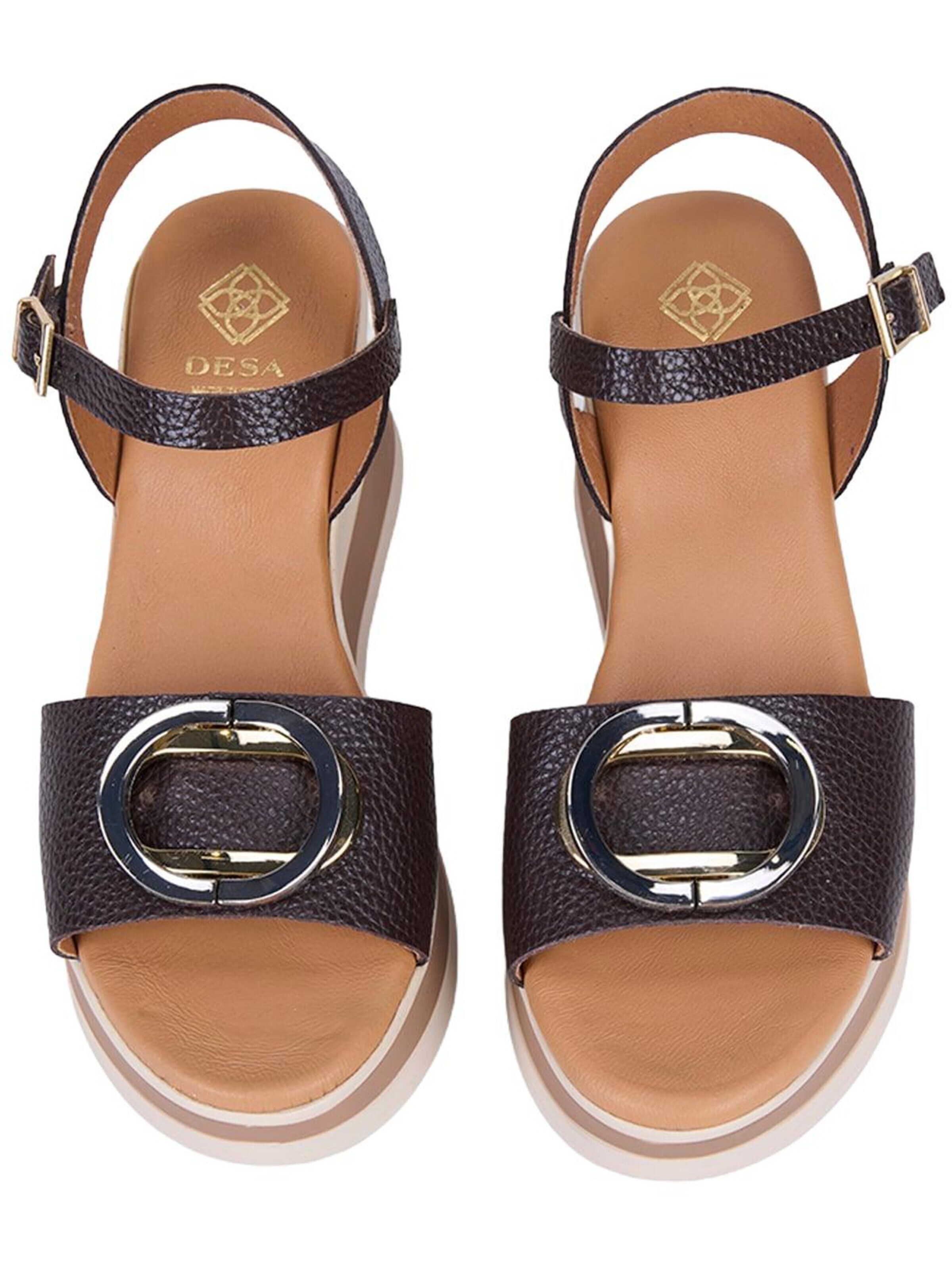 Desa T-bar sandals 'DESA Damen-Keilsandalen aus Leder mit Metallring' in Brown