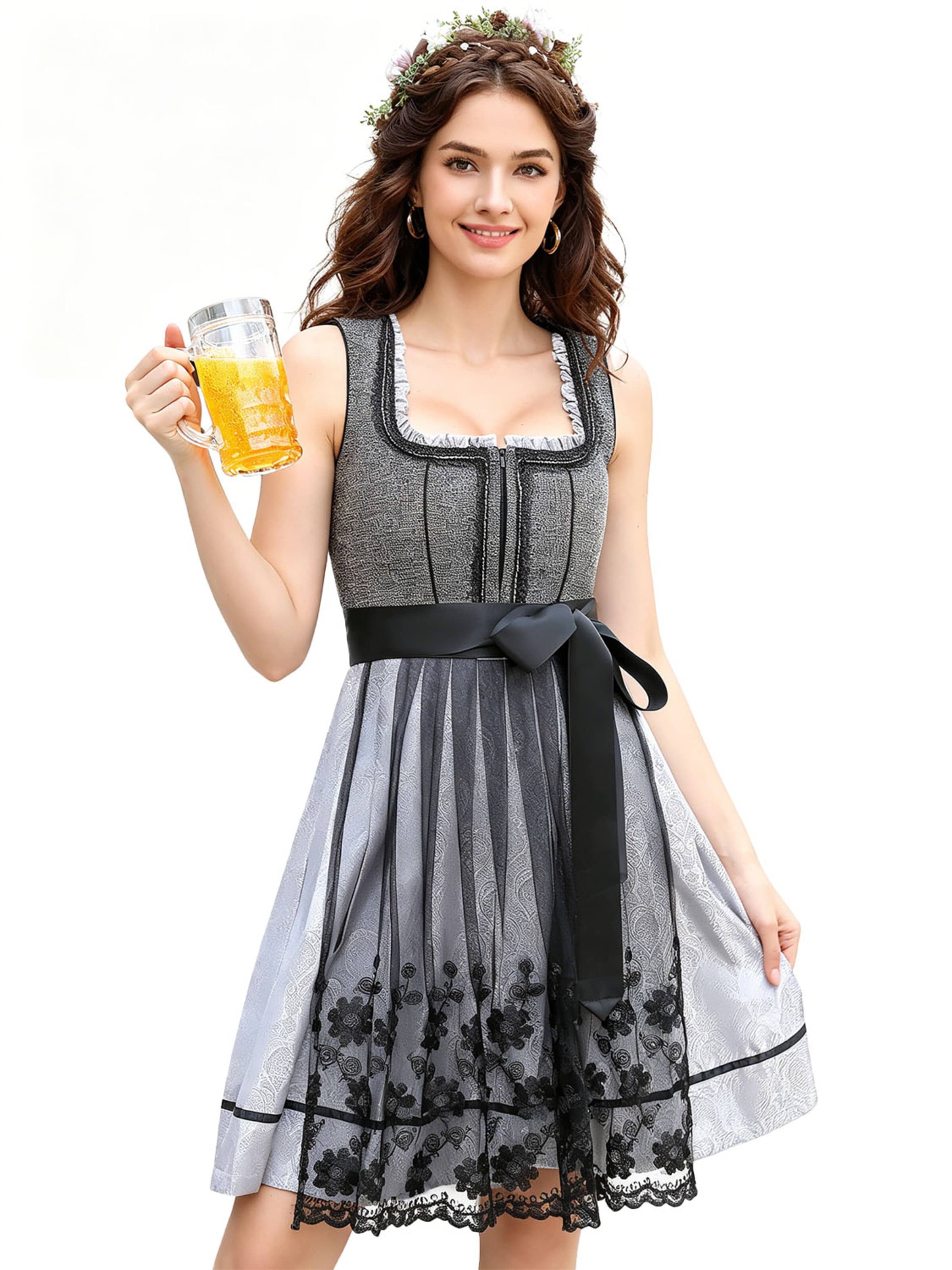 KoJooin Dirndl 'Damen 2‑teiliges Dirndl für Münchner Oktoberfest Schneeflocken‑Filz mit Spitzenbesatz am Kragen' w kolorze szary: przód