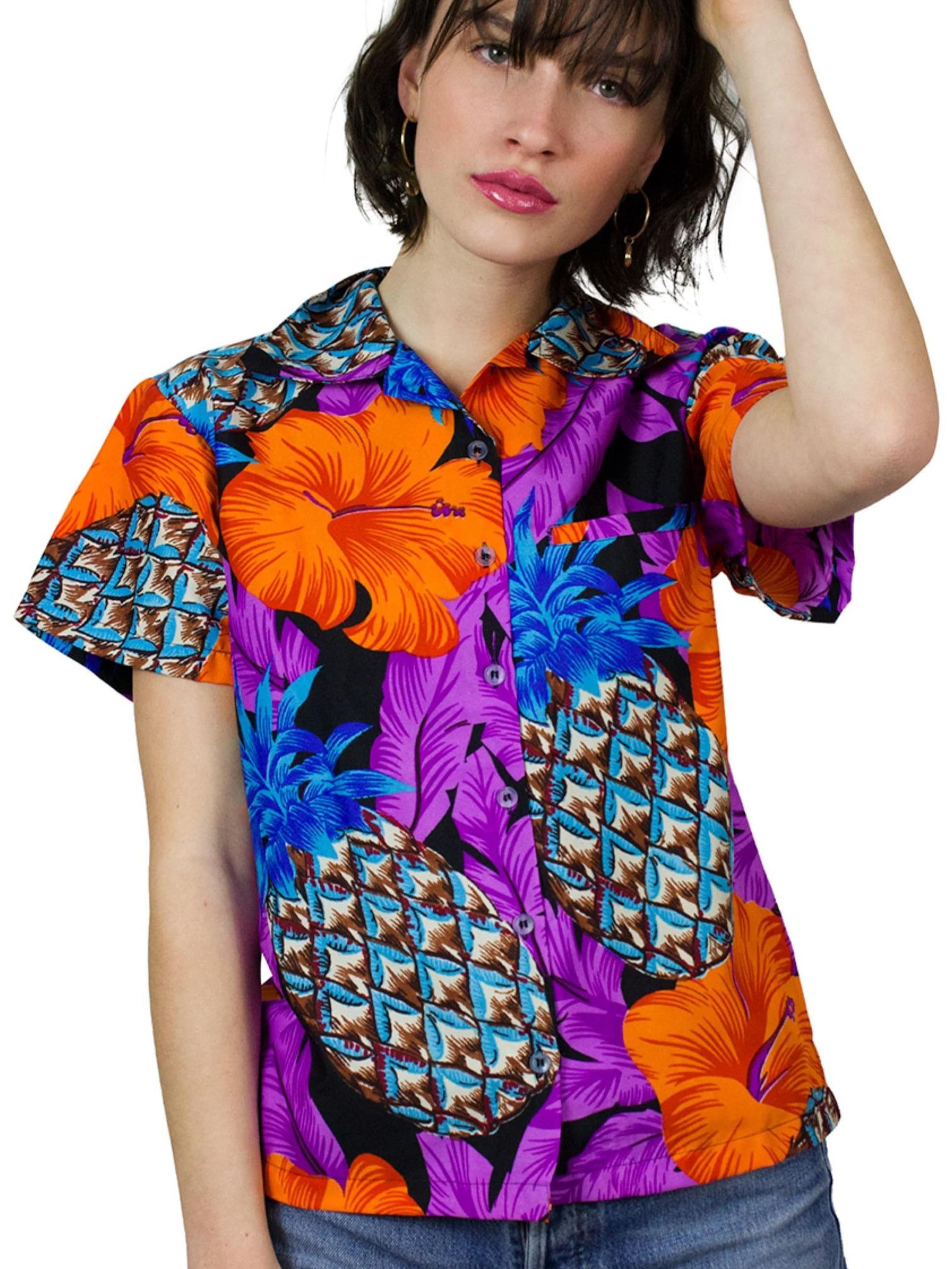 King Kameha Bluse 'Pineapple Hibiscus Black Line'‌‌‌‌ in Lila: Vorderseite