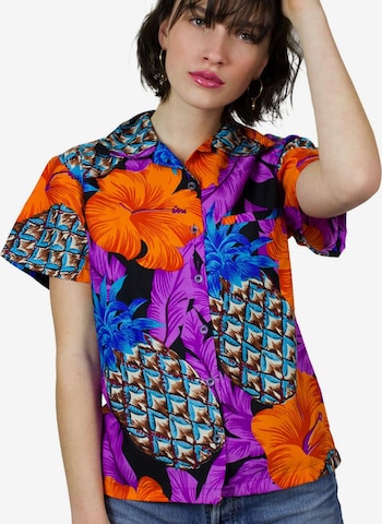 King Kameha Bluse 'Pineapple Hibiscus Black Line' in Lila: Vorderseite
