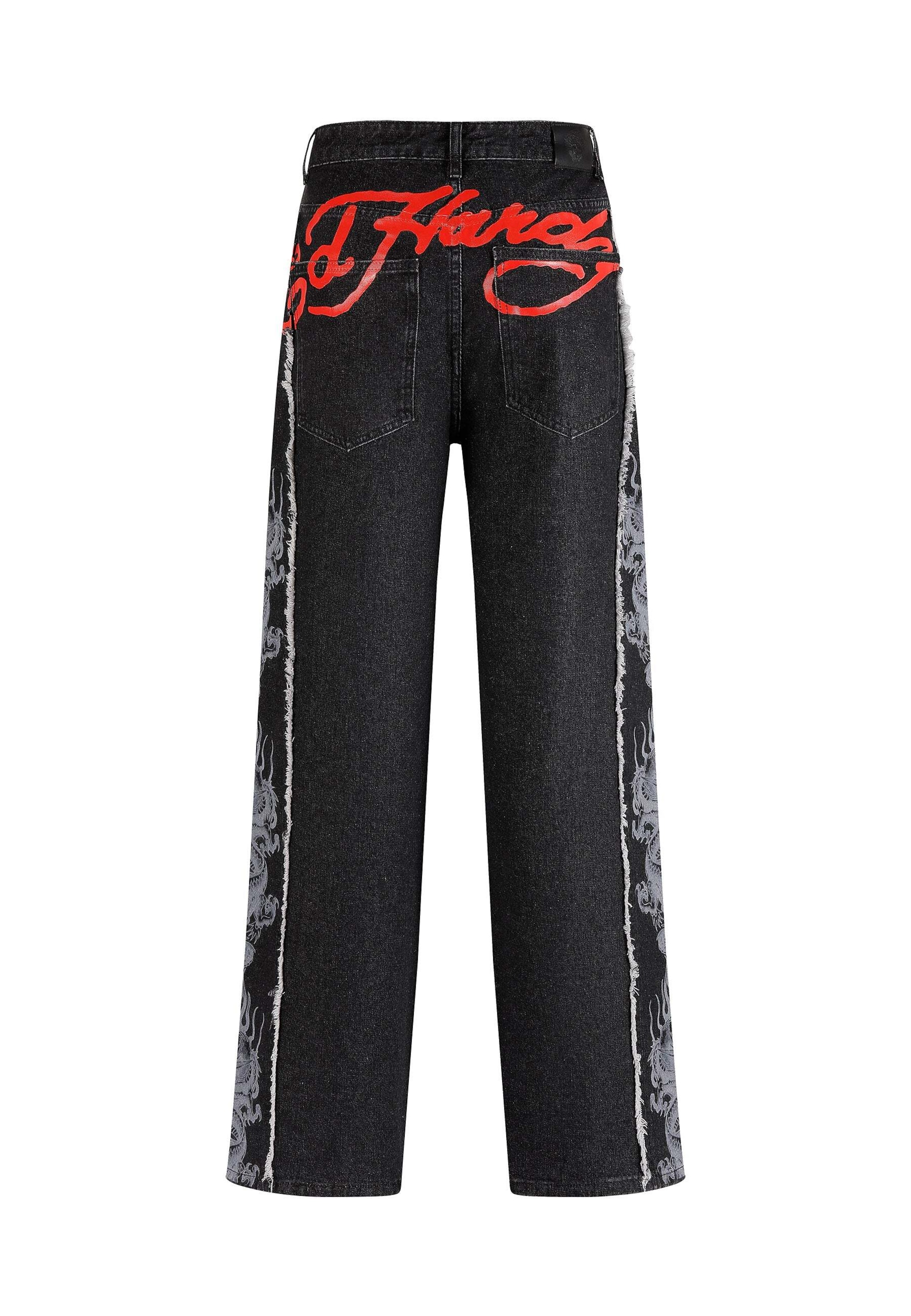 Ed Hardy - Loosefit Vaquero 'Dragon Raw Seam' en negro