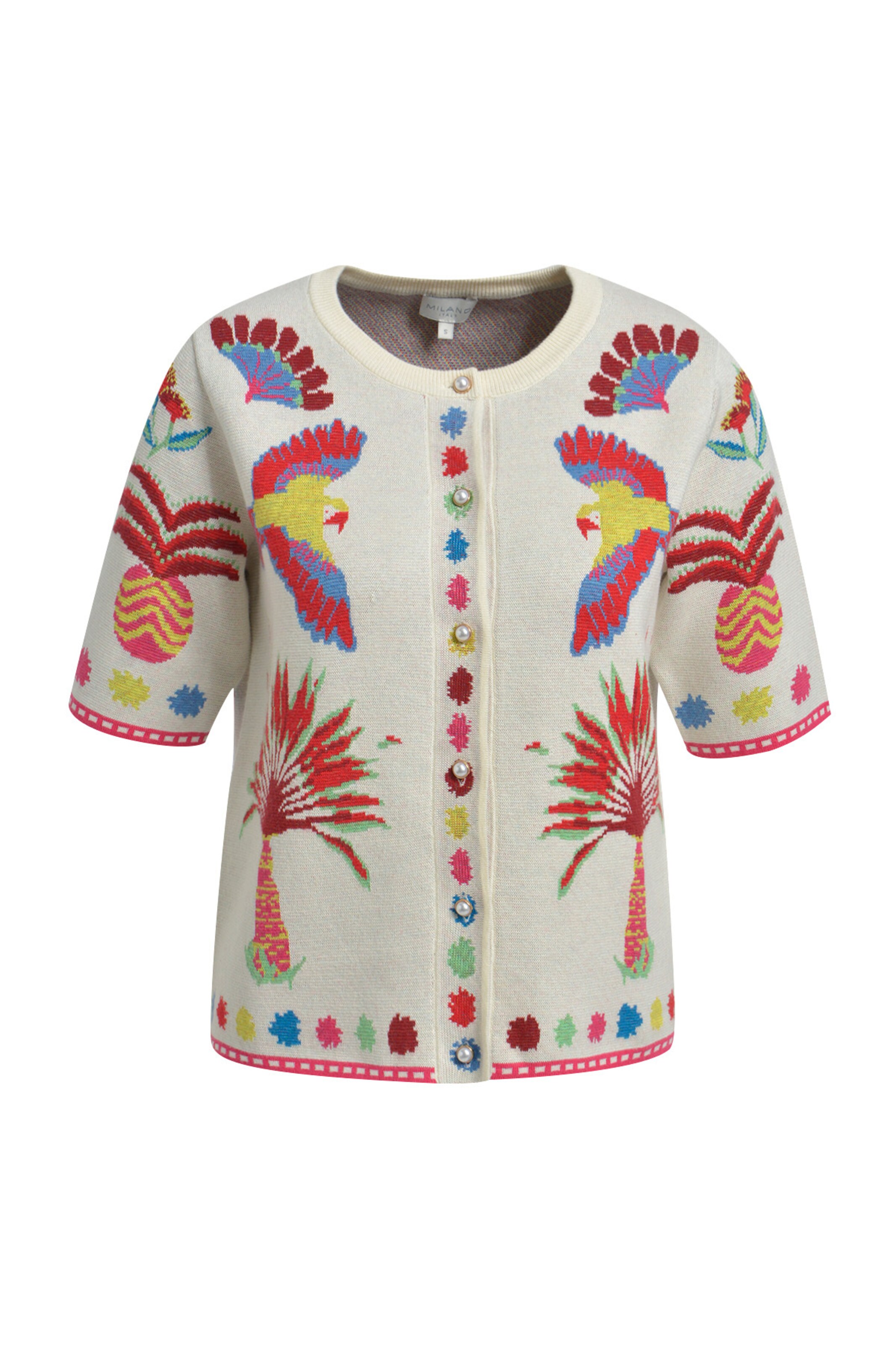 Milano Italy Kurzarm-Cardigan mit bunten Intarsia-Motiven in Beige: Vorderseite