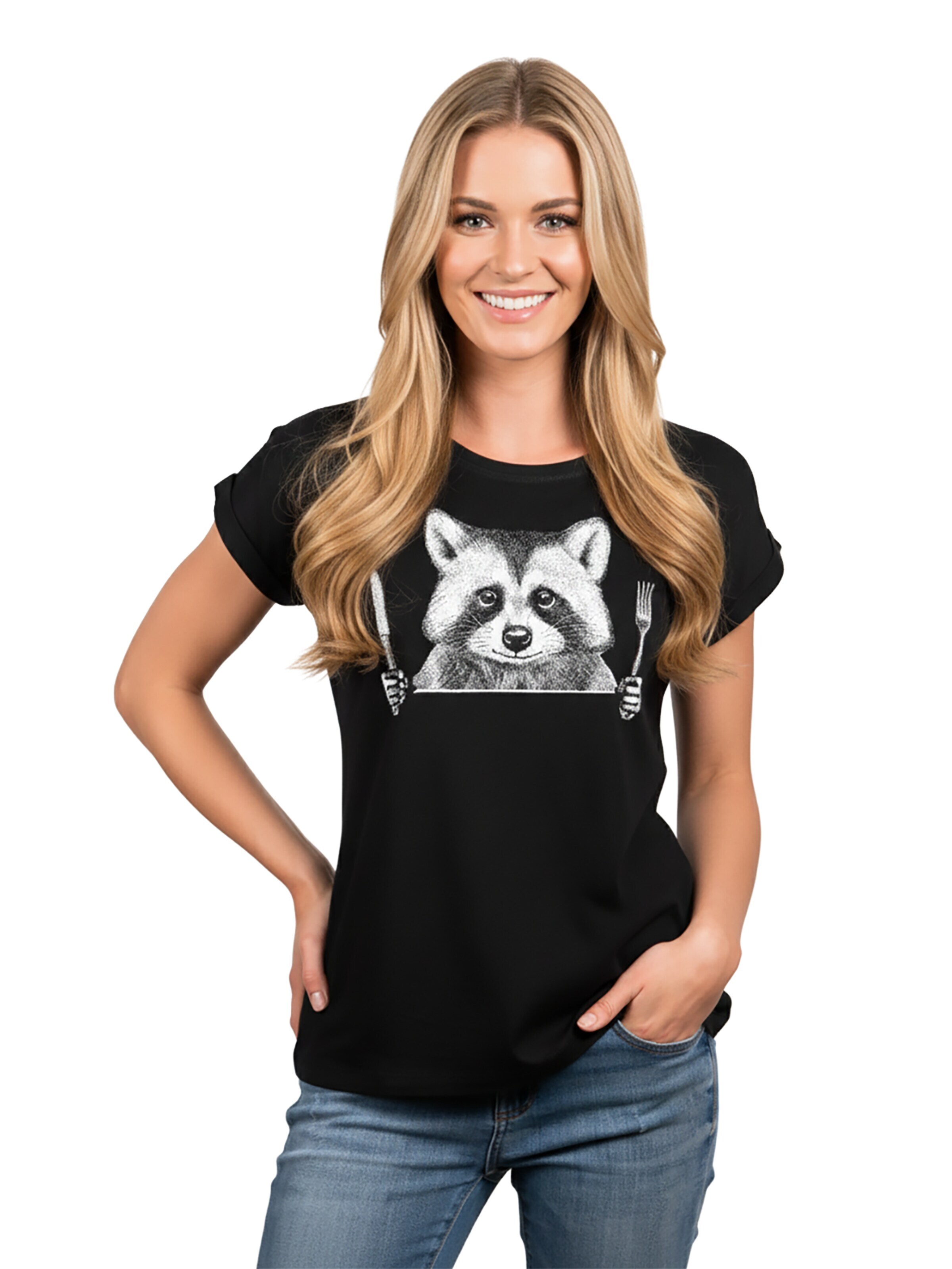MAKAYA Shirt 'Waschbär Gabel' in Black: front