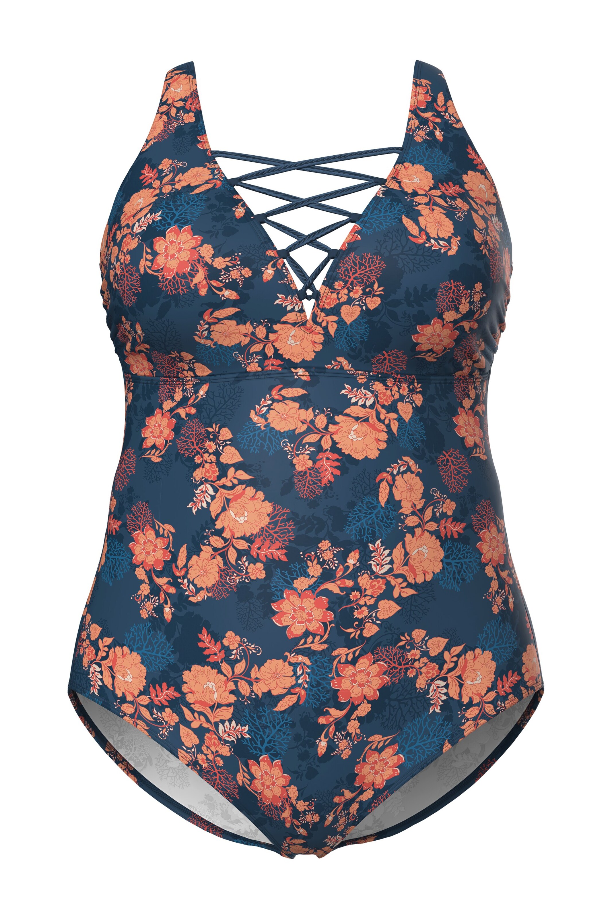 Ulla Popken Badpak in de kleur Blauw / Oranje, Productweergave