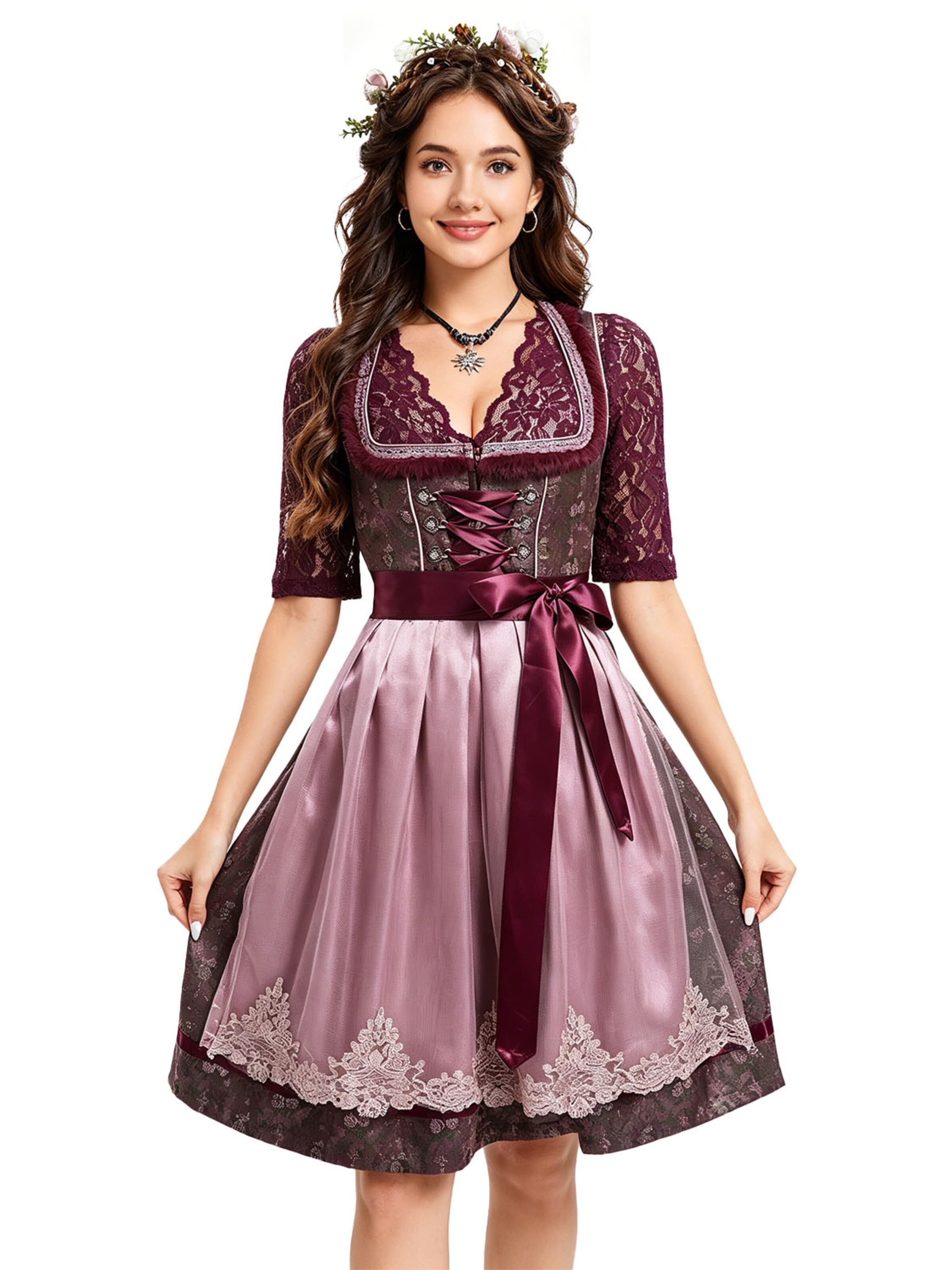 KoJooin Dirndl 'Damen 3‑teiliges Dirndl‑Set Jacquardkleid,Spitzenoberteil mit 3/4‑Arm & zweilagige Altrosa‑Schürze'‌‌‌‌‌‌‌‌‌ in Rot: Vorderseite