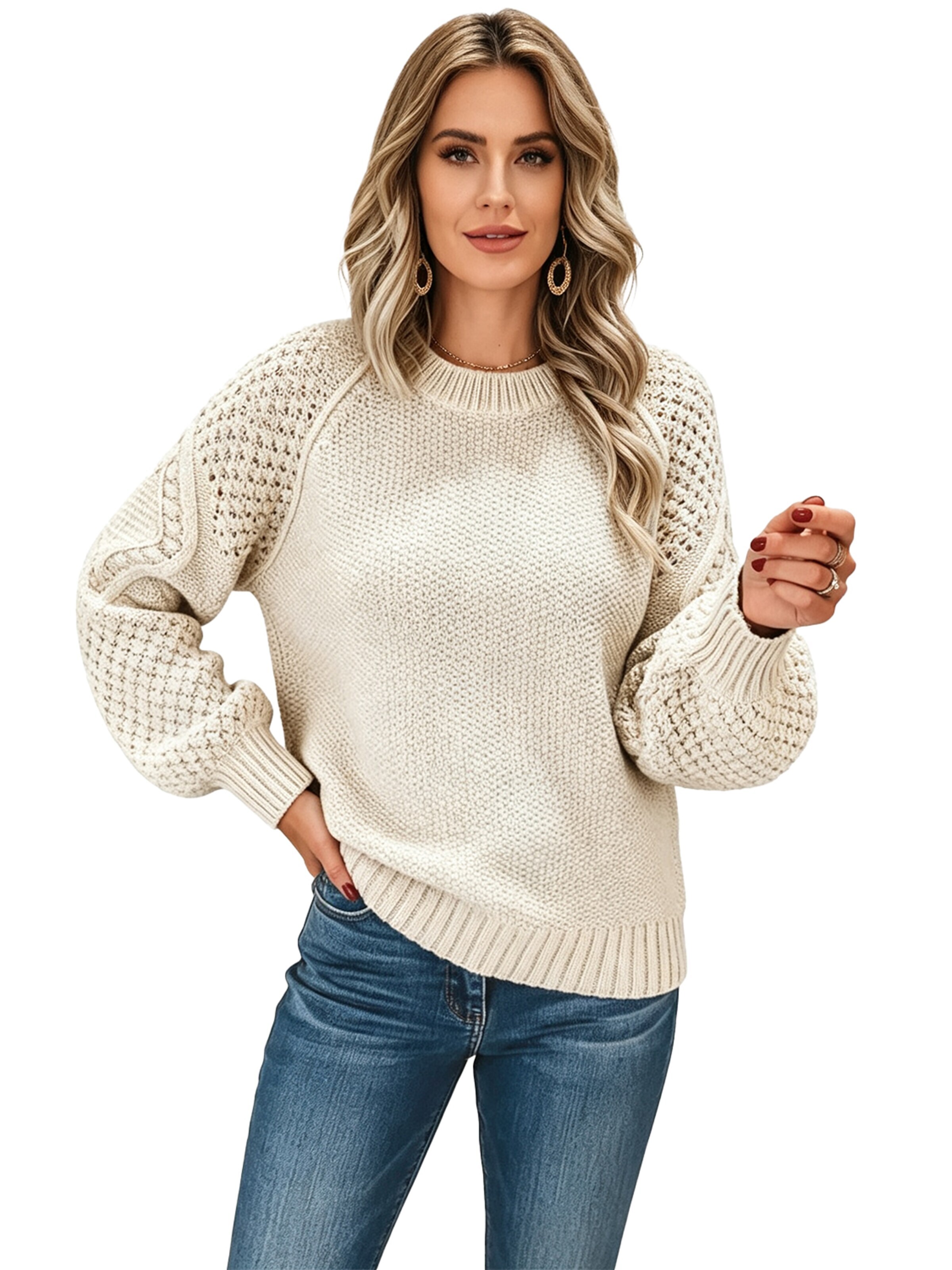 KoJooin Pullover 'Damen Pullover mit Rundhals und Zopfmuster – Kuscheliger, langärmeliger Strickpullover für Alltag'‌‌‌ in XL in weiß, Produktansicht