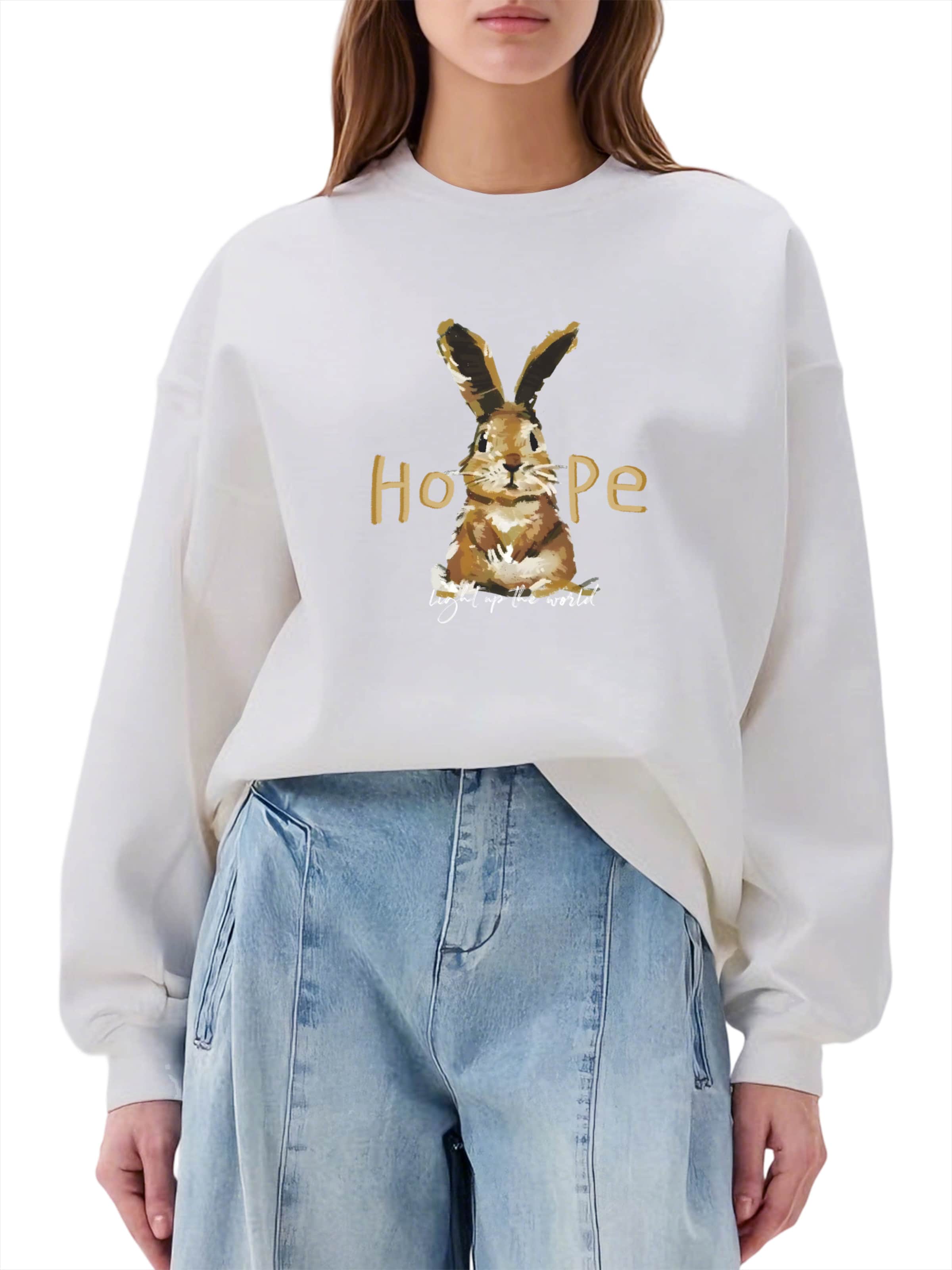 GORHEY Sweatshirt 'Women's Crew Neck Sweatshirt with Rabbit Print, Loose Long Sleeve Fleece Pullover' in White: front