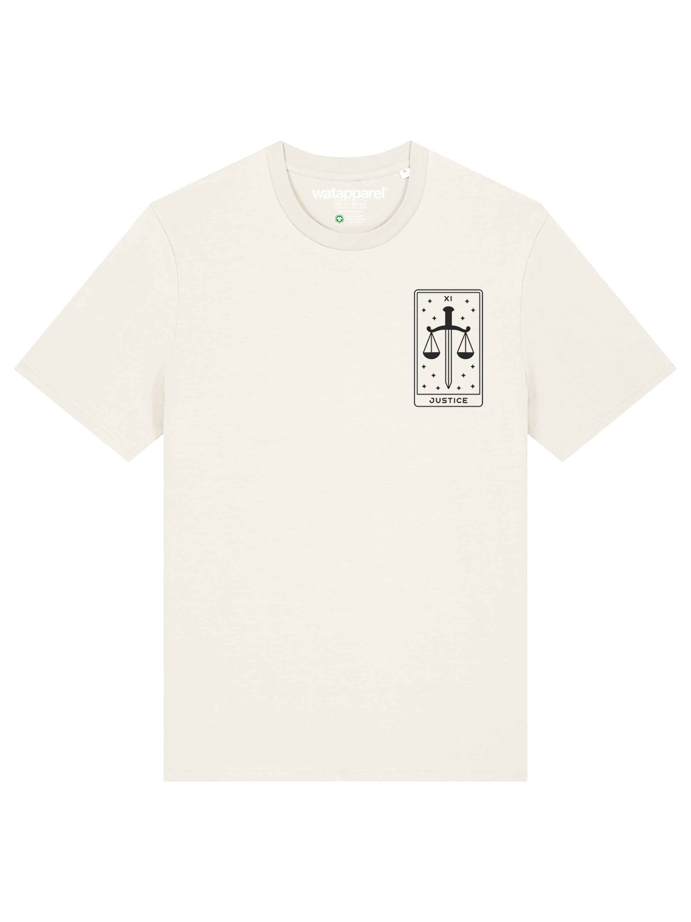 Maglietta 'Tarot Justice' di Watapparel in bianco: frontale