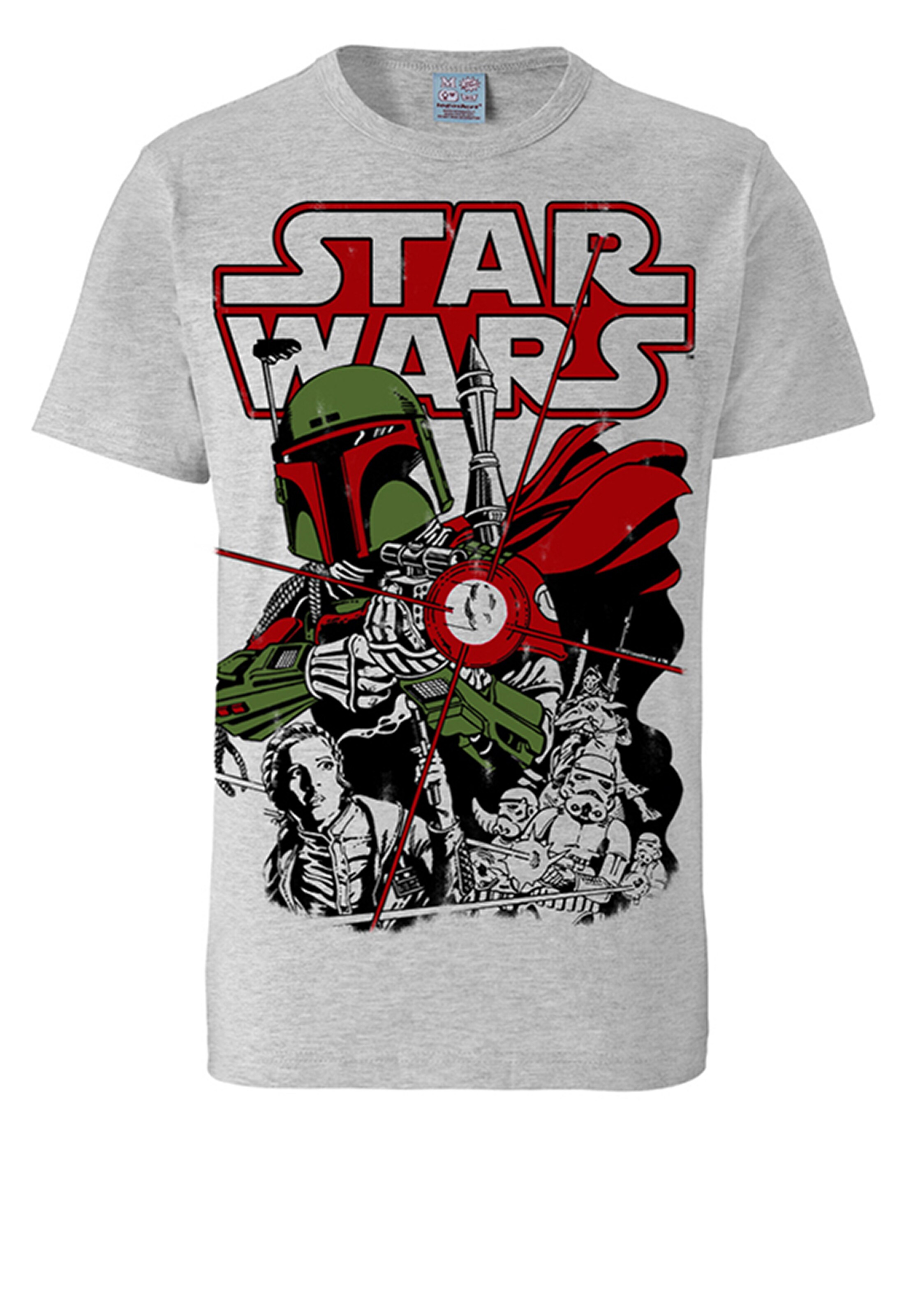 LOGOSHIRT Shirt 'Star Wars - Boba Fett' in Grey: front