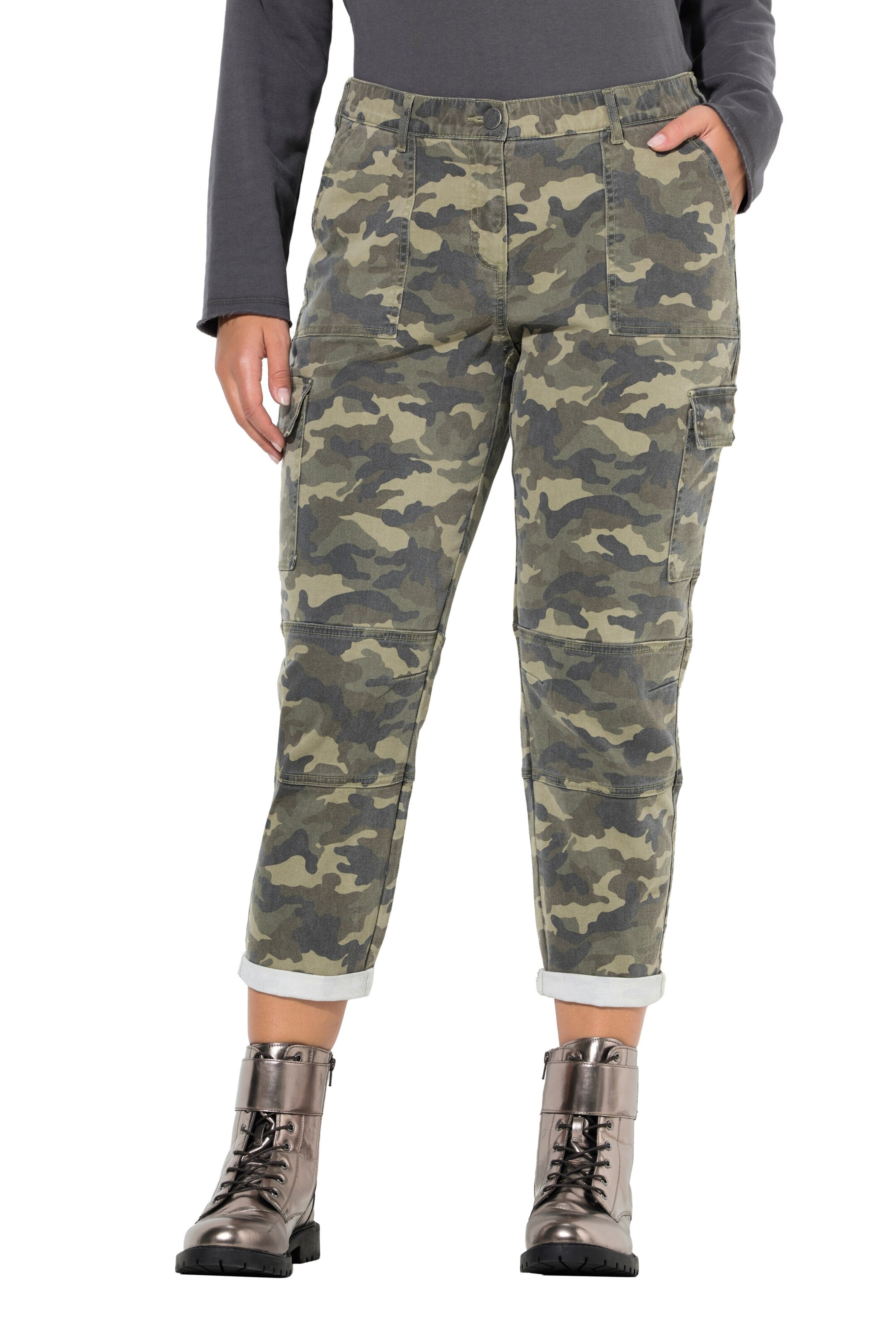 Ulla Popken Boot cut Cargo trousers in Green: front