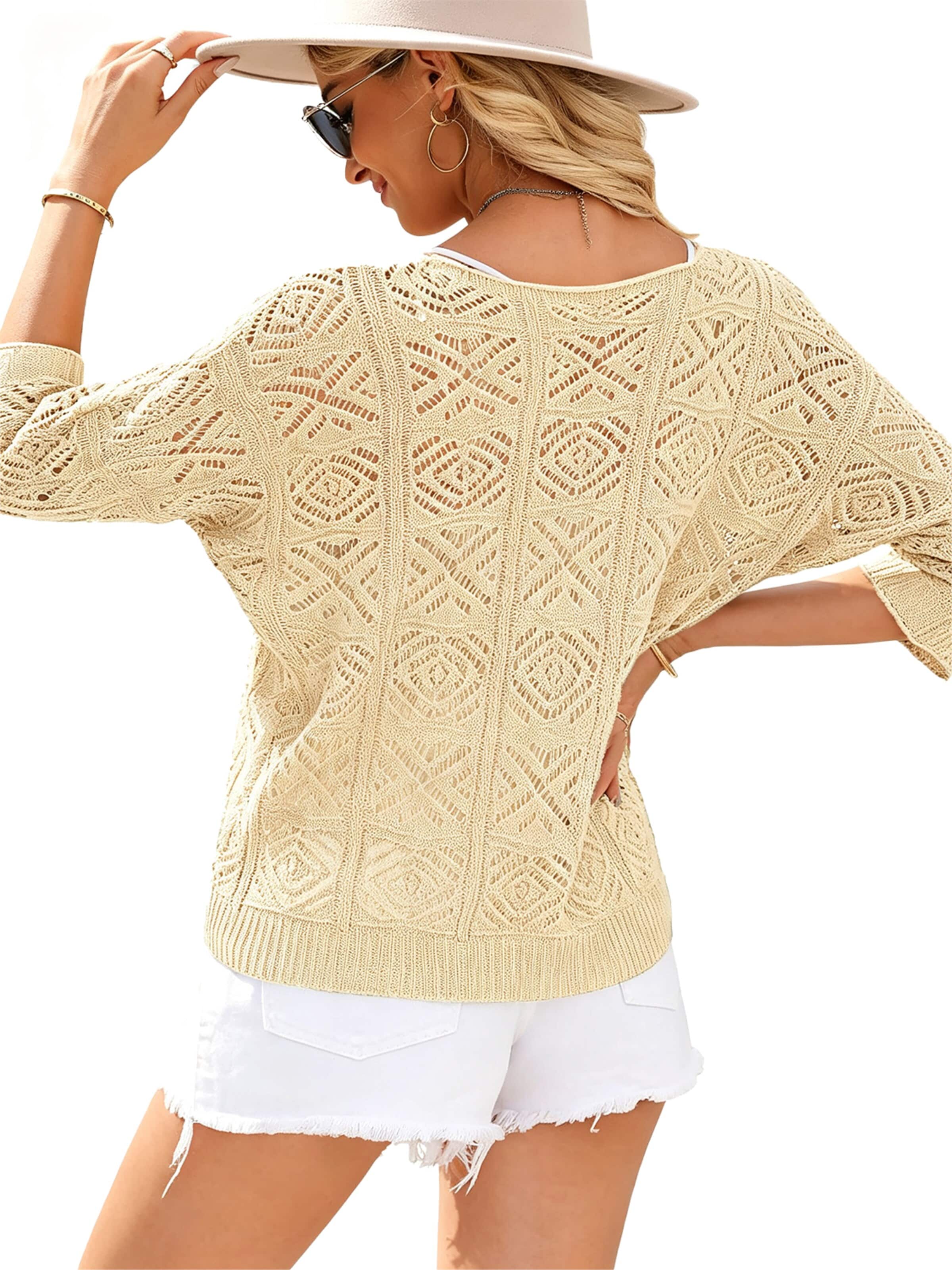 KoJooin Sweter 'Damen Häkelpullover mit V-Ausschnitt – Off-Shoulder Design, 3/4-Ärmel und Feinem Lochmuster' w kolorze pomarańczowy