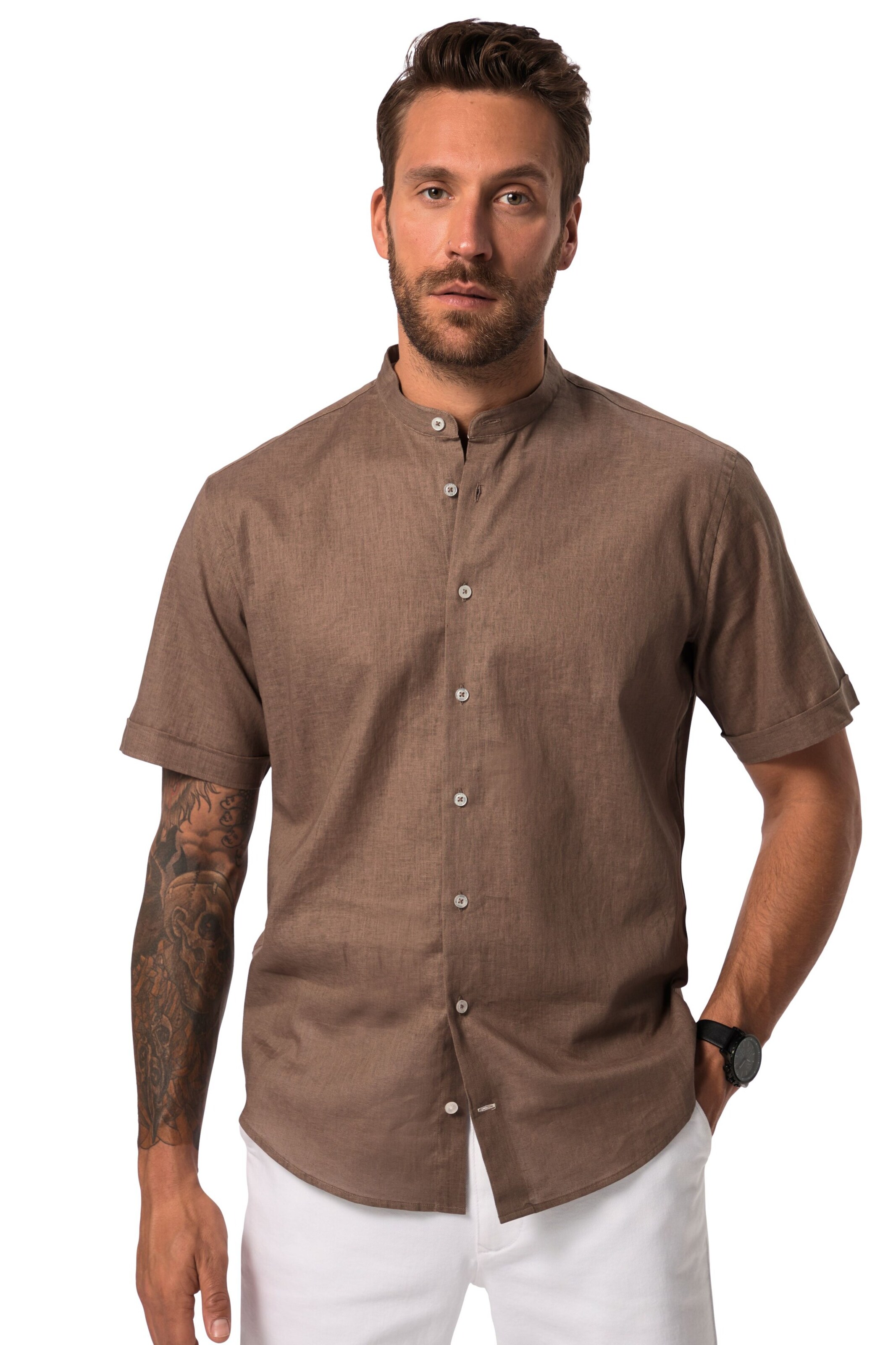 JP1880 Regular fit Overhemd in Bruin: voorkant