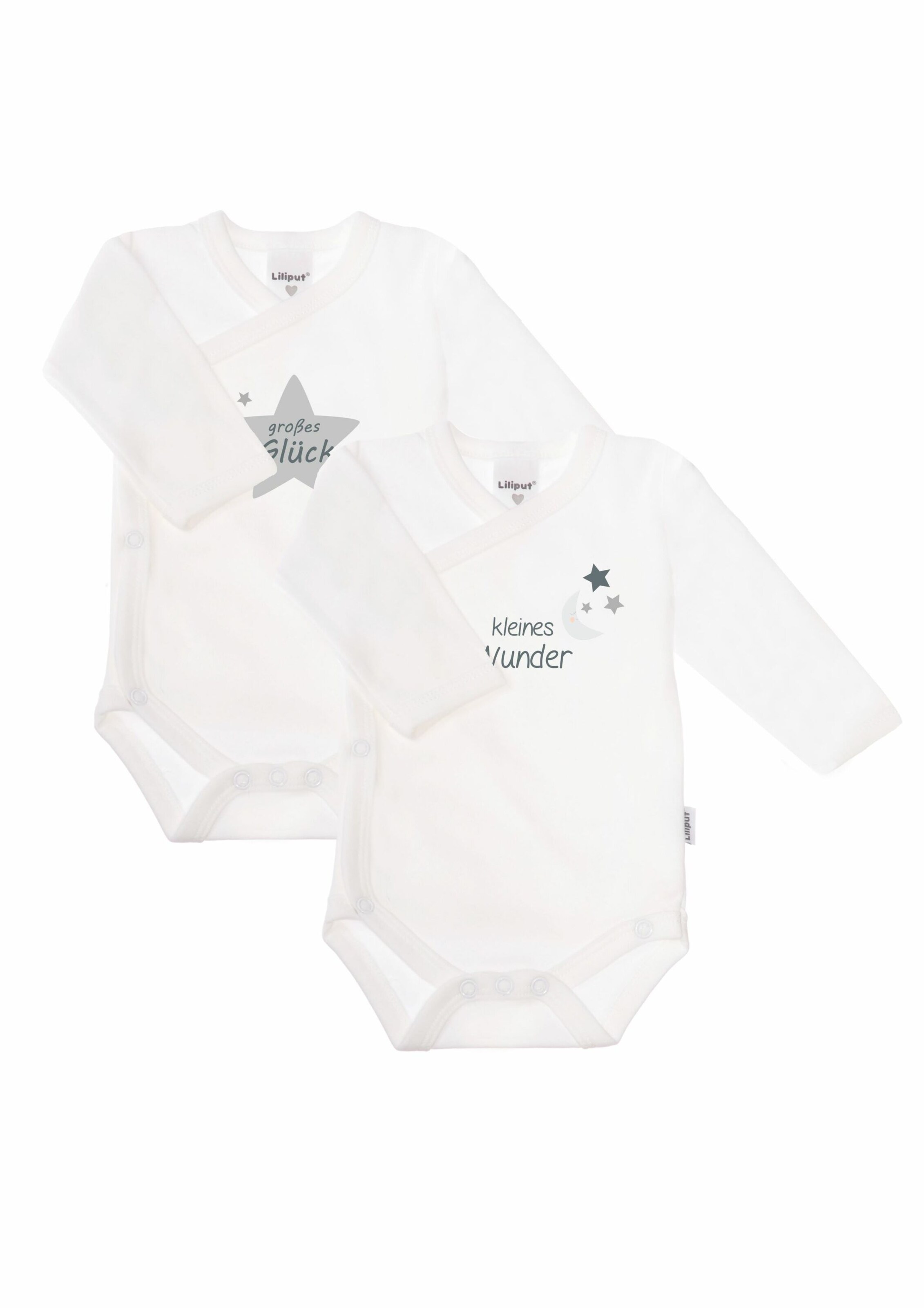LILIPUT Wickelbody, langarm "großes Glück / kleines Wunder" in Weiß: Vorderseite