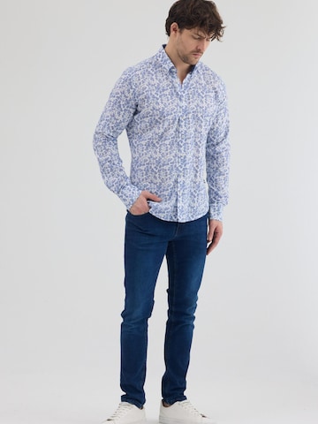 7Camicie Slim fit Zakelijk overhemd 'Leonardo Sport Linen Man Shirt White Blue' in Wit