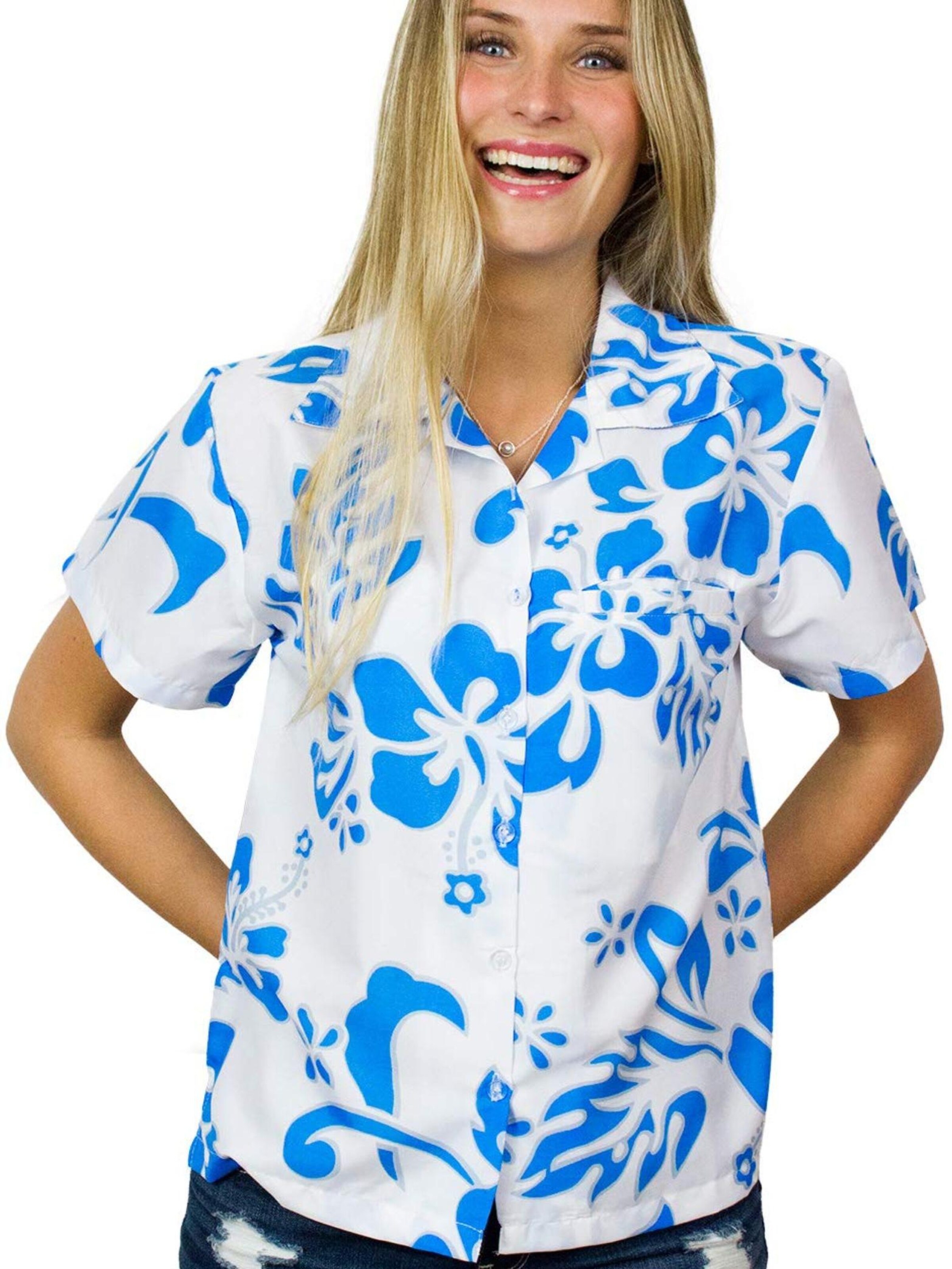 King Kameha Bluse 'Hibiscus White Line'‌‌‌‌‌‌‌ in Blau