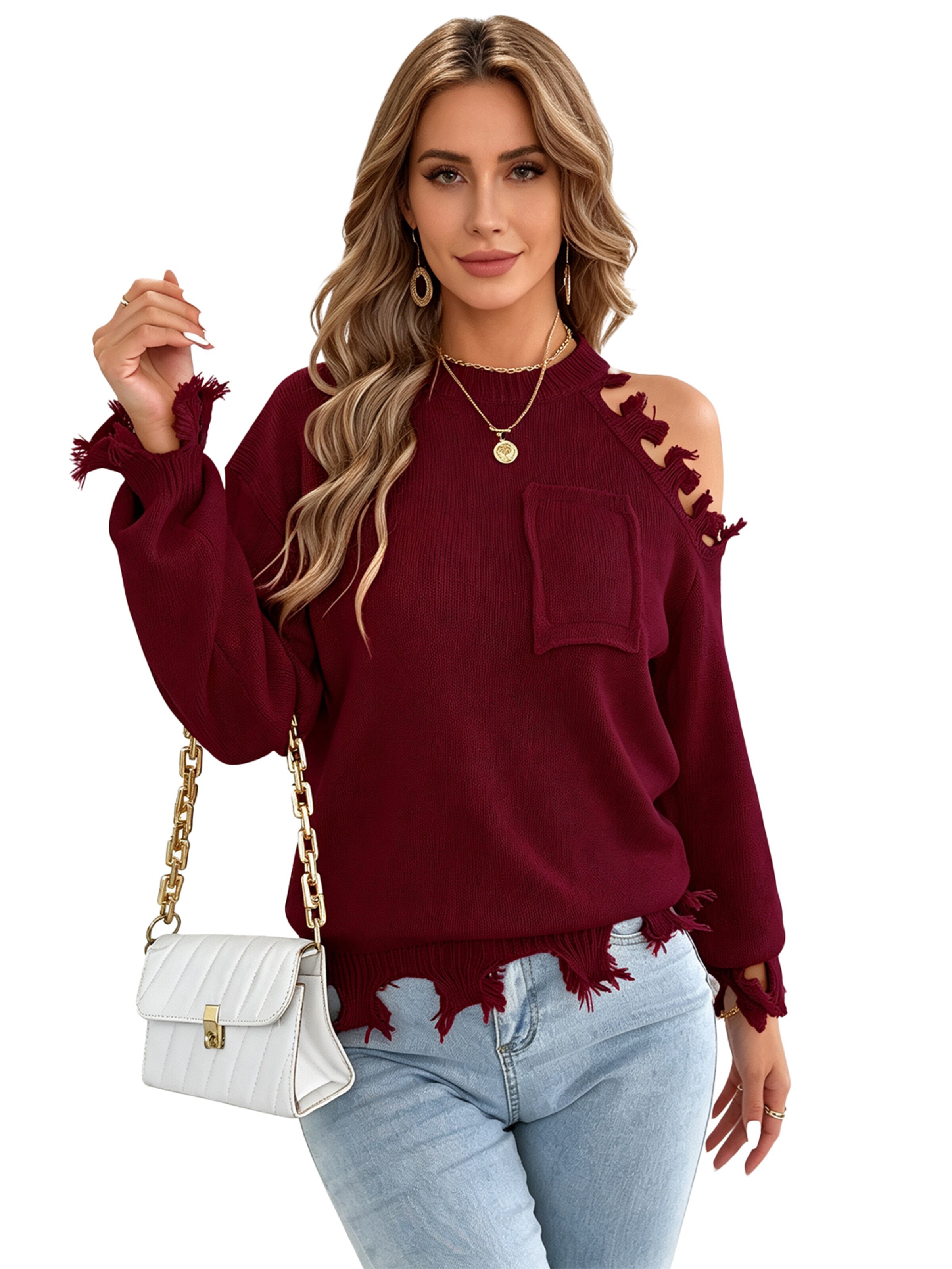 KoJooin Sweter 'Damen Oversize Off-Shoulder Strickpullover Langarm Rundhals Look und Kuschelweichem Material' w kolorze czerwony